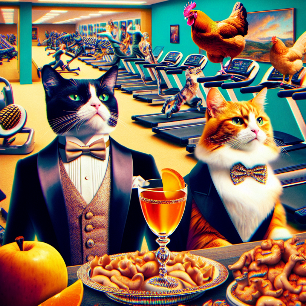 In a Surrealist style, imagine an impeccably dressed cat with a sleek black coat and a ginger-and-white cat expressing gratitude amidst an unusual gym environment. The gym is filled with fitness equipment, but rather than the usual scene, it's beset by levitating modern gadgetry, symbolizing the conveniences they're grateful for. In a comical twist, a chicken is envisaged strolling on a treadmill, nonchalantly drinking apple cider from an elaborate goblet. This vibrant, nonsensical imagery instills a sense of appreciation for life's unexpected pleasures.
Generated with these themes: Tuxedo cat, Ginger and white cat, Gym, Chicken, Cider, and Gadgets.
Made with ❤️ by AI.