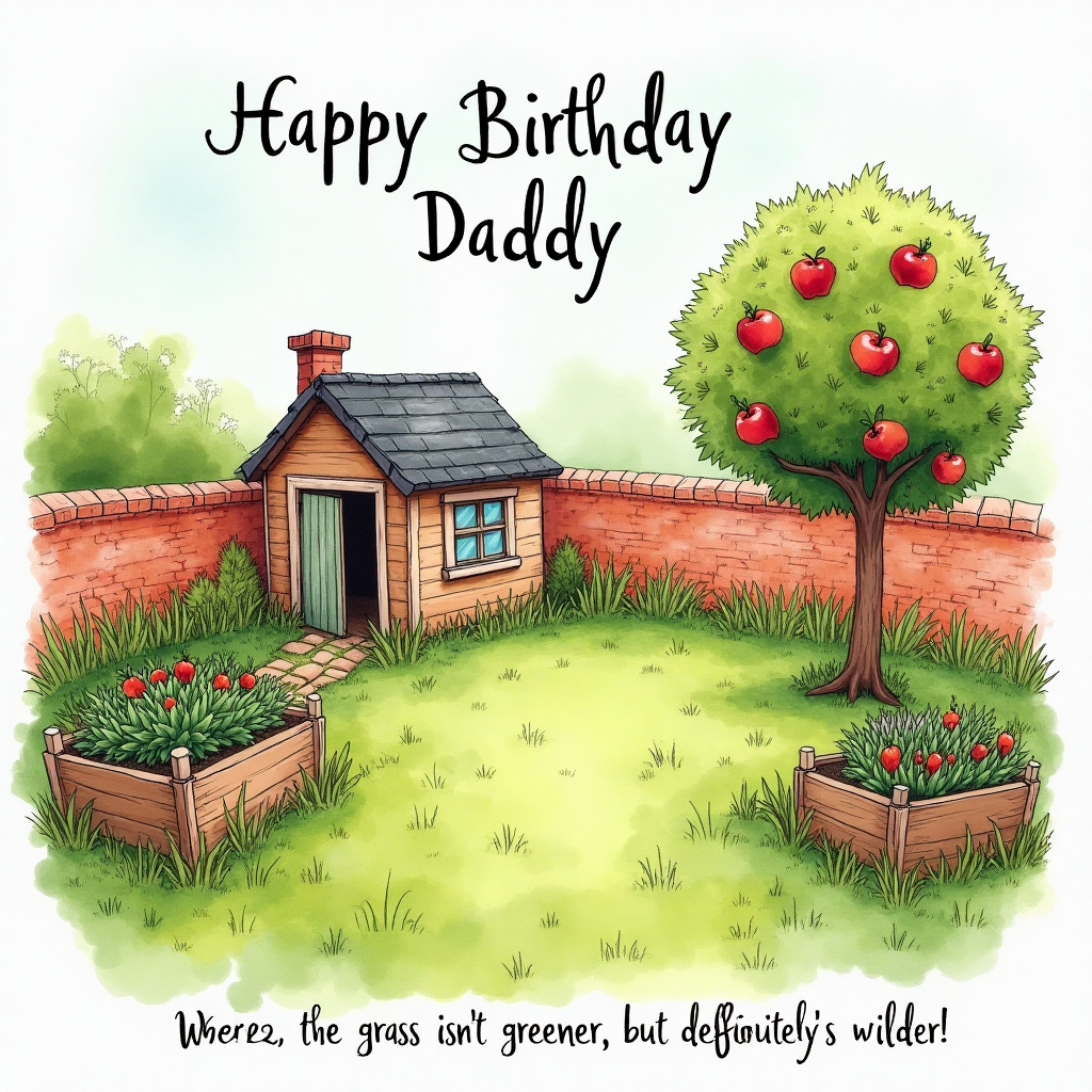 At the top of the Watercolor Style image, elegantly written: **Happy Birthday Daddy**.

Imagine a whimsical, light-hearted watercolor scene with a small, charming garden shed nestled in the background, its roof slightly askew, as if it’s shrugging off the weight of time. The large, lush lawn stretches out playfully, dotted with patches of wild grass that seem to wave and giggle in the gentle breeze. An apple tree, laden with plump, cheeky apples that almost look like they’re sharing a secret joke, stands proudly beside the shed. In the foreground, a raised bed vegetable patch overflows with vibrant, slightly exaggerated veggies, hinting at an overenthusiastic gardener's touch. All this set against an old red brick wall, textured and wise, providing a warm, rustic backdrop. In the bottom corner, a quirky little caption: “Dad’s Garden: Where the grass isn’t greener, but definitely wilder!”
Generated with these themes: , and .
Made with ❤️ by AI.