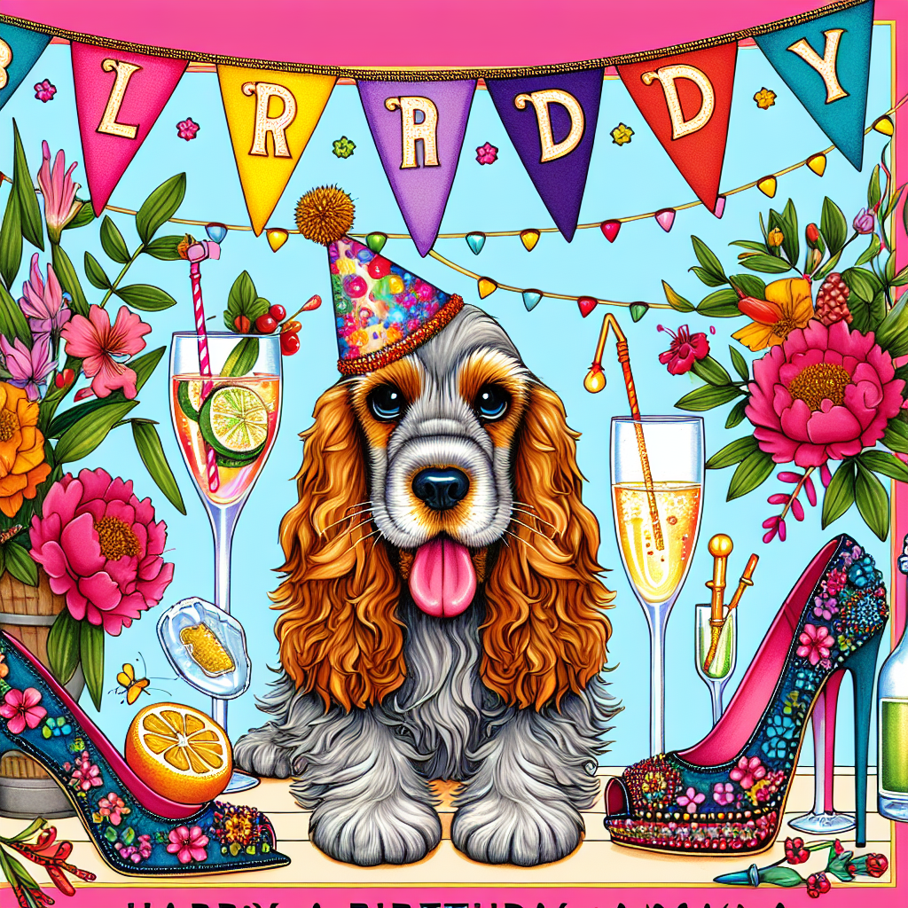 Illustrate a vibrant and playful birthday invitation showcasing a central character in the form of a cartoon-styled cocker spaniel, who is donning a colorful birthday cap. The puppy is encompassed by bright decorations, including stylish stiletto shoes functioning as bunting along the top border, and intricately placed flowers, suggesting a lively garden party ambiance. In the heart of the scene, there are illustrated glasses of gin and tonic and champagne, appearing to toast to the celebrant's happiness and festive occasion.
Generated with these themes: Gin and tonic , Shoes , Cocker spaniel, Champagne , and Flowers.
Made with ❤️ by AI.