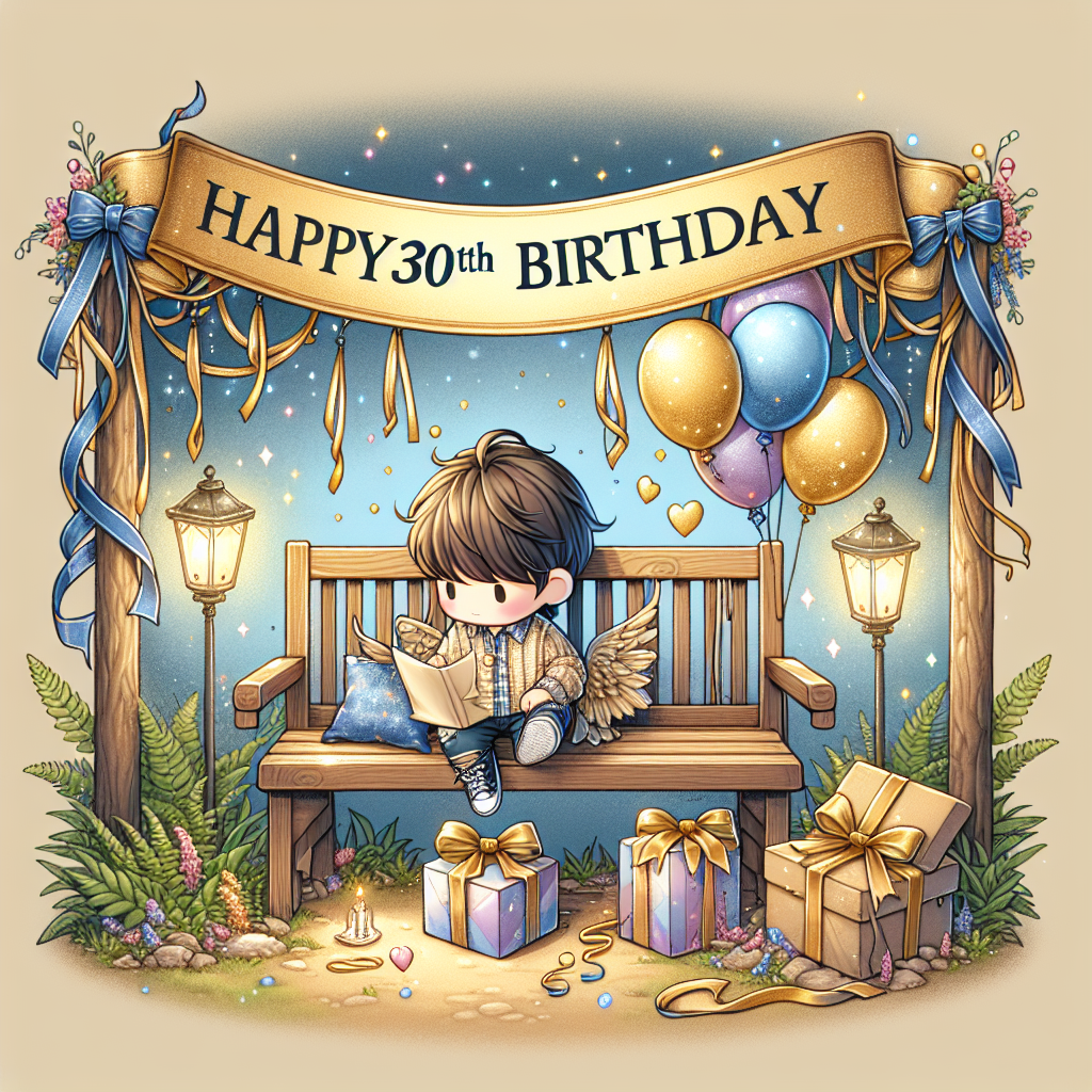 Create an enchanting birthday illustration featuring a cozy bench as the central focus, decorated with jubilant balloons and streamers. A distinctive golden banner bearing the inscription 'Happy 30th Birthday' is cleverly styled to resemble the aesthetic of a famous fantasy novel. Occupying the bench is a character symbolizing the boyfriend, outfitted in casual attire inspired by a fantasy-genre little human character, happily opening a present. The environment echoes with the mystique of a fictional magical land, rounding off this special and heartfelt homage.
Generated with these themes: Lord of the rings, 30th Birthday, A bench, and Boyfriend.
Made with ❤️ by AI.