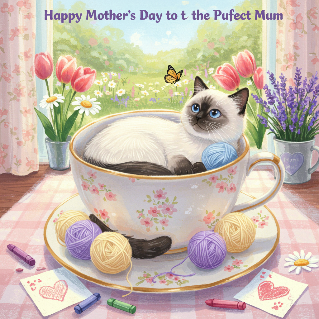 At the top of the illustration image, "Happy Mother’s Day to the Purr-fect Mum!"

**Image Prompt:**  
An adorable white Siamese cat is curled up in a giant, heart-shaped teacup filled with soft yarn balls instead of tea. The teacup sits atop a pastel-checkered tablecloth with dainty floral patterns. Behind the cat, sunlight pours through a window framing blooming spring flowers—daisies, tulips, and lavender—in a garden beyond. A playful butterfly has landed on the cat’s nose, making its blue eyes cross slightly in a funny, charming way. The whole scene is bathed in soft pinks, creamy whites, and lilac hues, evoking warmth and affection. Scattered nearby are handmade drawings with pawprints and crayon hearts, hinting the cat's tried (and failed adorably) to craft its own Mother's Day card.
Generated with these themes: white siamese cat.
Made with ❤️ by AI.