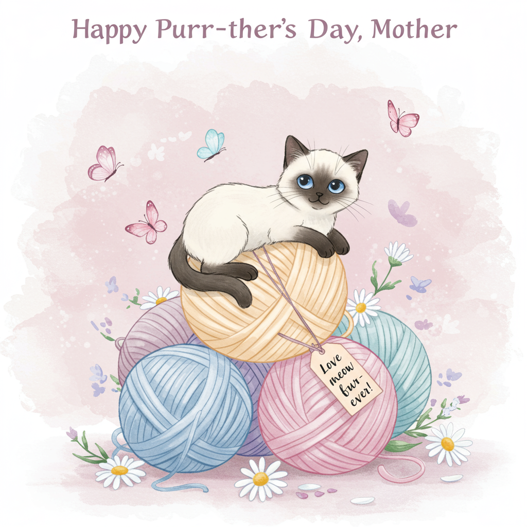At the top of the illustration image: "Happy Purr-thers Day, Mother!"

An adorable white Siamese cat lounges atop a soft stack of pastel-colored yarn balls, its crystal-blue eyes gleaming mischievously. Around the cat are delicate, fluttering butterflies and scattered daisies, all bathed in gentle springtime light. A small, hand-written tag dangles from the largest yarn ball, reading “Love you meow & fur-ever!” The background features a soft watercolor texture in blush pink and lavender tones, giving the scene a dreamy, affectionate vibe. The whole image radiates cuddly charm and cheeky elegance — perfect for a Mother's Day smile.
Generated with these themes: white siamese cat.
Made with ❤️ by AI.