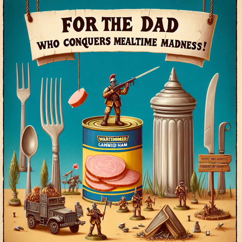 Create a humorous illustration for Father's Day, featuring a Warhammer-like miniature figurine standing on an over-sized can of canned ham, reminiscent of the comedic style of old British comedy troupes. The setting should evoke a tiny battlefield transformed into a kitchen, where kitchen utensils such as knives and forks mimic trees, and a salt shaker extends toweringly in the background as if it were a grain silo. A banner with a lighthearted greeting is suspended above, stating: 'For the Dad who conquers mealtime madness!'.
Generated with these themes: Warhammer, and Monty python.
Made with ❤️ by AI.