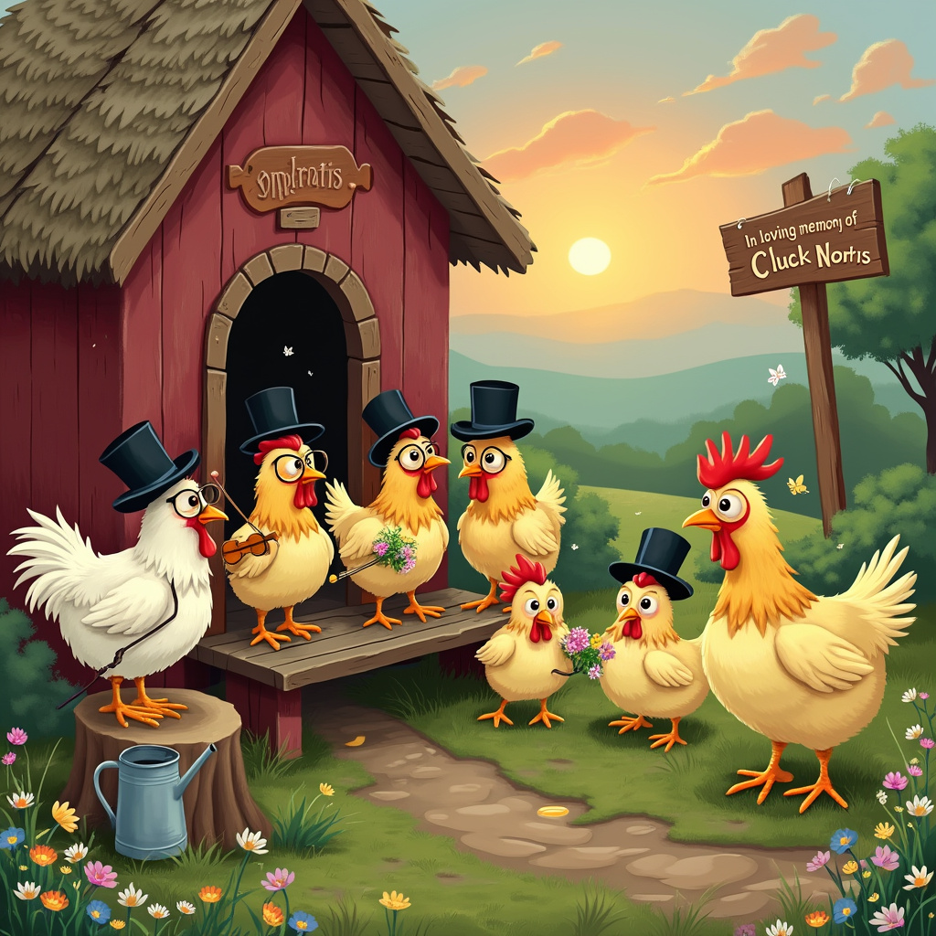 Imagine a quaint little barnyard scene at sunrise. The sky is painted in hues of soft orange and pink as the sun peeks over the horizon. In the foreground, there is an old wooden coop with a thatched roof, its wood slightly worn and painted in patches of flaking red. Around the coop, several chickens are gathered. They are dressed in comically oversized black hats, with tiny, round spectacles perched on their beaks. One chicken, a dignified-looking rooster with a white feathered coat and a monocle, stands on a small tree stump, holding a tiny violin in its wing. It’s playing a sorrowful tune. 

Nearby, a line of chickens are seated on a rustic wooden bench, all with miniature tissues clutched in their wings, dabbing at their eyes. Behind them, a plump hen with golden feathers is holding a small, pastel-colored bouquet of wildflowers in her beak. The flowers are slightly wilted, adding a touch of realism to the scene.

In the background, there is a small wooden sign stuck in the ground, painted in pastel colors, that reads "In loving memory of Cluck Norris." A few more chickens are gathered around the sign, standing solemnly with their heads bowed. A tiny, tearful chick is clinging to the leg of a larger hen, who is gently patting its head with her wing. 

A vintage watering can is overturned beside the coop, with a puddle forming underneath. The surrounding grass is dotted with colorful wildflowers, and a few butterflies flutter around, lending a touch of whimsical serenity to the scene. 

Overall, the scene captures a tender, heartfelt moment among the chickens, giving a unique and humorous twist to a sympathy card.
Generated with these themes: Chickens.
Made with ❤️ by AI.