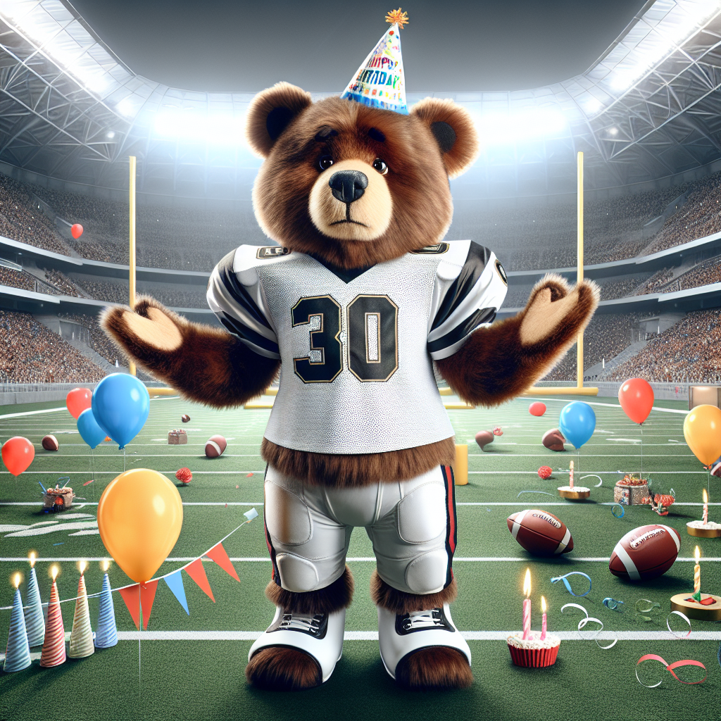 Picture an endearing bear-like character dressed in a football uniform similar to the ones used by significant American football teams. This character is at the center of a grandiose stadium, passionately playing American football. The atmosphere in the stadium is lively and filled with excitement, accentuated with several birthday decorations; streamers, and balloons scattered across the vicinity. This forms a heartwarming portrayal of sports and celebration, creating an engaging theme for a unique birthday event.
Generated with these themes: Cream mashi playing american football for Chicago Bears in a huge stadium MVP.
Made with ❤️ by AI.