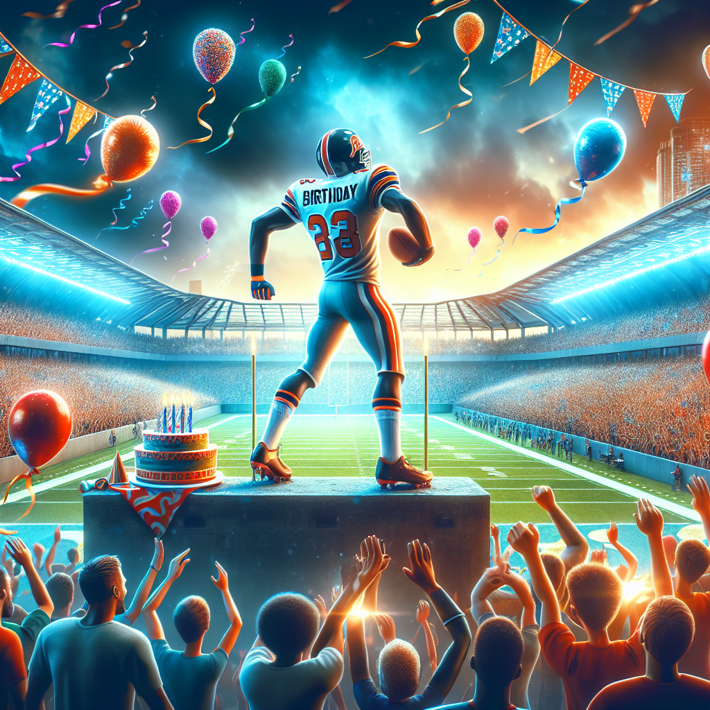 This dynamic illustration captures an imaginary player in the central scene of a gigantic stadium, where he stands out as the most valued player for a Chicago-based team in an American football match. Amidst cheering crowds of diverse ethnicities and genders, the setting is amplified with birthday festivity, showcasing vibrant decorations that encompass the stadium, contributing a joyous and festive mood to the competitive sporting environment.
Generated with these themes: Cream mashi playing american football for Chicago Bears in a huge stadium MVP.
Made with ❤️ by AI.