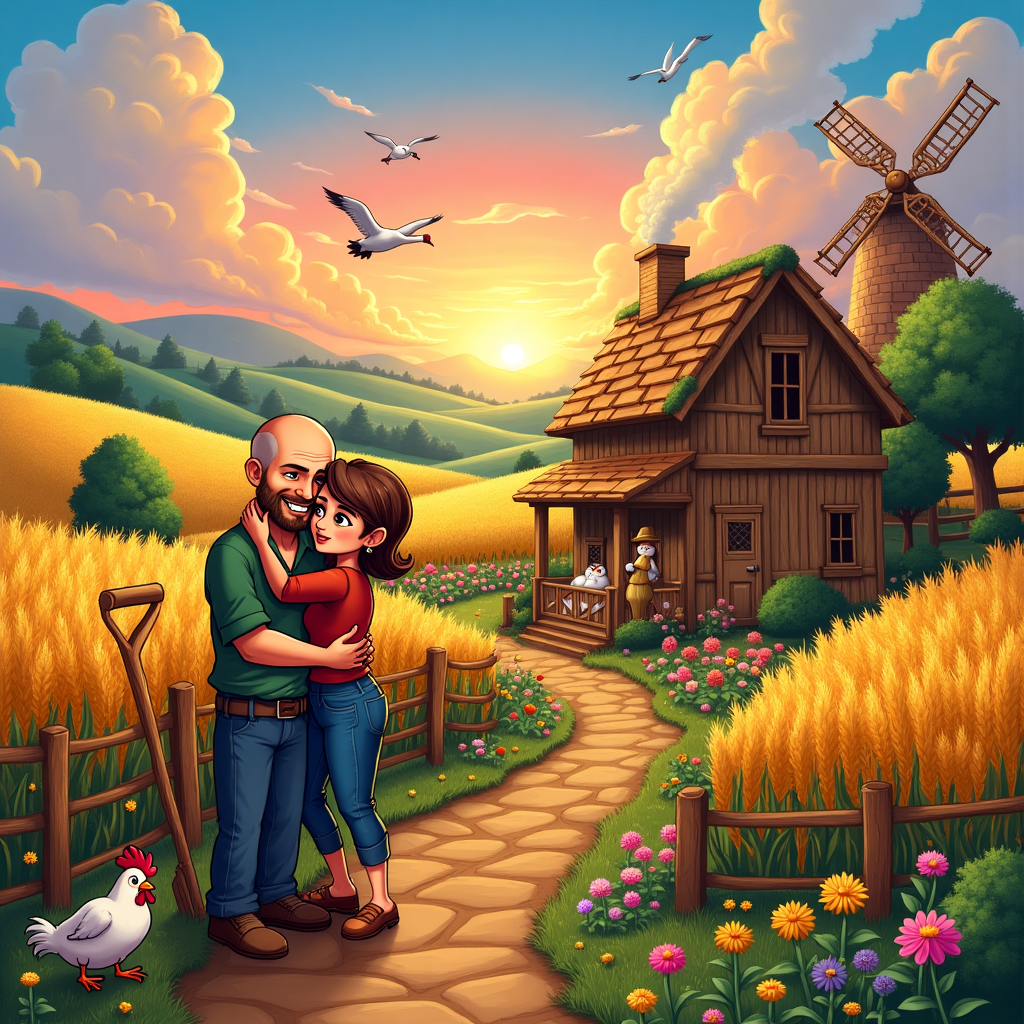 The card's cover opens to a whimsical scene in a quaint Stardew Valley-esque setting, radiating a quirky blend of rustic charm and playful details. At the center, a gentle man with a bald head and a friendly twinkle in his eye is lovingly embraced by a woman with short, wind-swept hair, which seems to dance with the rhythm of a gentle breeze. Her expression is a mix of determination and compassion, her lips drawn in a soft, reassuring smile. Next to them stands a rugged, bearded man, looking down with amused fondness as he leans casually against a well-crafted wooden hoe. His beard is wild and bushy, the kind you might expect from someone who's spent many years in harmony with nature.

Behind them, fields of shimmering wheat swish back and forth, their golden hues echoing the warmth of late afternoon sunlight. Nestled among the rolling hills is a humble wooden cottage, its roof covered with a patchwork of moss and the chimney puffing delicate curls of smoke, suggesting the comfort of a hearth inside. In the foreground, a plump chicken scuttles past, seemingly engaged in its own little adventure, while a sleepy cat, sprawled atop a rustic wooden fence, watches the world with half-closed eyes.

To add a layer of enchantment, a quaint cobblestone path winds through the scene, lined with wildflowers in riotous bloom, their colors vibrant and vivacious. In the distant sky, a pair of geese fly in V formation, heading towards a blazing horizon where the sun dips below the hills, casting a kaleidoscope of colors—pink, orange, and lavender—across the sky. An old-fashioned windmill stands sentinel on the hill, its sails turning slowly, echoing the timeless tranquility of the countryside.

The scene is packed with intricate details—bees buzzing from flower to flower, a weathered scarecrow watching over the crops, and a small pond with rippling reflections of the azure sky. Each element captures a snapshot of life's cycles, crafting a charming narrative where the human and natural world are seamlessly interwoven, offering both solace and continuity in a unique story that captures the essence of companionship and the simple joys of life.
Generated with these themes: Couple, Stardew valley, Man without hair, Women with short hair, and Man with beard.
Made with ❤️ by AI.
