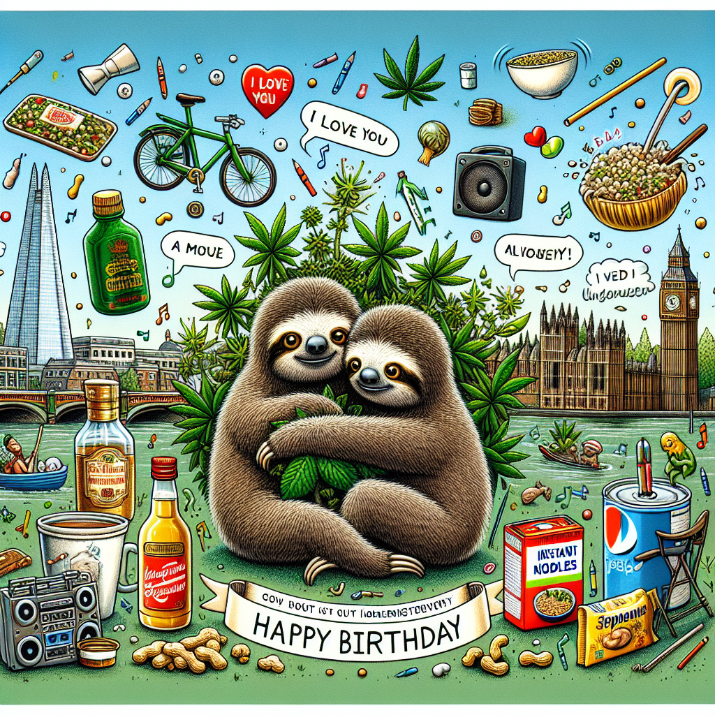 In an endearing cartoon interpretation of a birthday celebration, two sloths serve as symbols of love and companionship. They cozily cuddle against an animated background, surrounded by items reflecting joy and uniqueness. These include a bottle of whisky, green vegetation resembling cannabis plants, a music speaker radiating with rhythm, and adoring words such as 'I love you' coupled with 'happy birthday'. Each sloth is caught deep in thought, giving an aura of tranquillity. Household items like instant noodles and peanuts symbolise homeliness and simplicity. A pre-set focal point is a green bicycle, symbolising journey and discovery. The background unveils an elaborate cartoon representation of London cityscape, with structures that resemble landmarks such as Shard and St. Paul's Cathedral supervising the jubilation.
Generated with these themes: Whisky, Cannabis, Two sloths cuddling male and female, Meditation, Instant noodles, Peanuts, Music speaker, I love you, Happy birthday, Great view of london shard in middle and st pauls cathedral, and Green bicycle .
Made with ❤️ by AI.