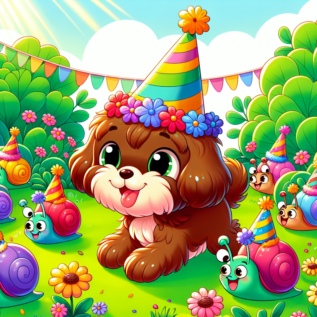 Illustrate a charming cartoon scene taking place in a sunlit garden brimming with life and color. The garden is animated, with plants that sway lightly, setting the backdrop with their vibrant greenery. Adorable snails adorned with cute party hats are gliding unhurriedly on the emerald carpet, blending their hues with the multicolored flowers. The centerpiece of the celebration is a substantial, brown, short-haired dog, putting on a vibrant, festive birthday hat and wearing an affable smile. The dog jaunts around the party, swishing its tail in joy while the surrounding balloons and streamers flutter gaily in the gentle breeze.
Generated with these themes: Walking, Plants, Snails, and Large brown dog short hair.
Made with ❤️ by AI.