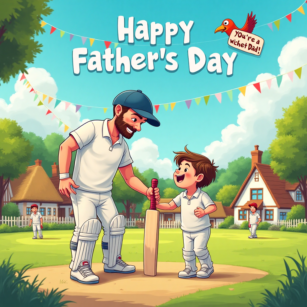 At the top of the Cartoon Style image, the text reads: "Happy Father's Day".

**Image Prompt:**

Create a vibrant and playful cartoon scene set in the picturesque countryside of Surrey during a lively village cricket match. The scene is bustling with cheerful villagers enjoying the sunny day. In the foreground, a father and child, both dressed in cricket whites, are sharing a heartfelt moment, the father teaching his child how to hold a cricket bat. Their expressions are filled with joy and pride.

In the background, the lush green cricket field is surrounded by quaint cottages with thatched roofs, and trees swaying gently in the breeze. A rainbow of colorful bunting hangs across the scene, adding to the festive atmosphere. The sky is a brilliant blue, dotted with fluffy white clouds, and a friendly bird flies overhead, carrying a small banner that whimsically reads, "You’re a wicket Dad!" in playful, bold letters.

The exaggerated features of the characters, like the father's oversized hands gently guiding his child's, and the bright, saturated colors, bring a sense of warmth and energy, perfectly capturing the sincere and joyful mood of Father's Day.
Generated with these themes: Village cricket match in surrey, and .
Made with ❤️ by AI.