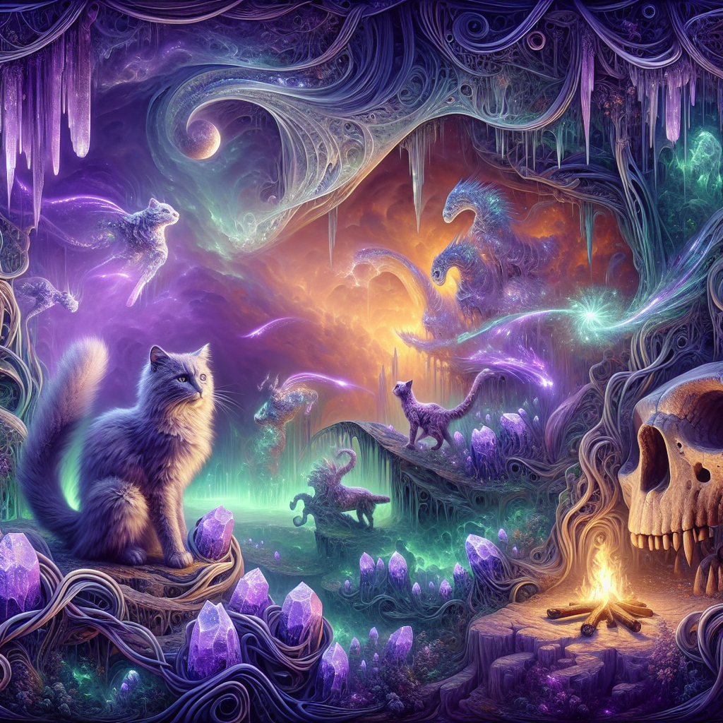 Visualize a surreal, abstract birthday scenario in an otherworldly garden bordered by entwining whimsical vines where prehistoric fossils emerge, their ancient textures contrasting the lush greenery. Cats with ethereal disposition and lustrous amethyst fur frolic and cavort, their eyes shimmering like the glow of open fires scattered around, casting a warm, mystical illumination. The atmospheric sky swirls with various tints of purple, a spectacle that resembles the aurora of a celebratory dimension.
Generated with these themes: Plants, Fossils, Cats, Purple, and Open fires.
Made with ❤️ by AI.
