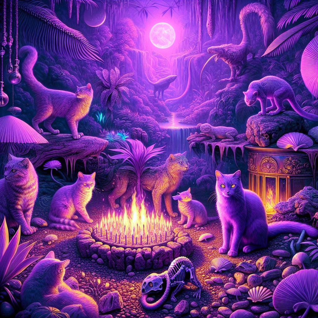 Picture an otherworldly birthday celebration. The room is filled with exotic and peculiar plants, their leaves blending with delicate fossils that appear to come to life in the flickering glow of open fires. Several cats, unusually, are seen with radiant purple fur, meandering casually through the enchanting landscape, the sound of their purrs harmoniously blending with the crackling noise of the flames. The entire gathering is enshrouded in a surreal hue of violet light, creating a setting that blurs the line between fantasy and remnants of ancient times.
Generated with these themes: Plants, Fossils, Cats, Purple, and Open fires.
Made with ❤️ by AI.