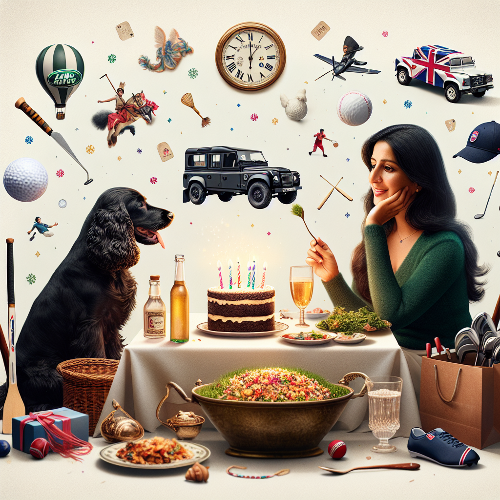 Create a charming birthday-themed image featuring a South Asian woman, who is immersed amidst visual cues signifying her passions. She is placed in proximity to a playful black cocker spaniel wagging its tail. A tiny scale model showcasing a Land Rover vehicle implies potential escapades. Scattered gently in the environment are subtle hints of a magical world reminiscent of old fairy tales, adding a touch of enchantment. A delicious variety of traditional Indian dishes are tantalizingly displayed, indicating a celebration. Adjacent to this, golfing equipment and cricket kit lie ready for an engaging game. Also present is the insignia representing a famous British football club, indicating a football enthusiast, all creatively illustrating her diverse hobbies and interests in a joyful birthday scene.
Generated with these themes: Wife black cocker spaniel land rover Disney Indian food golf cricket Liverpool fc.
Made with ❤️ by AI.
