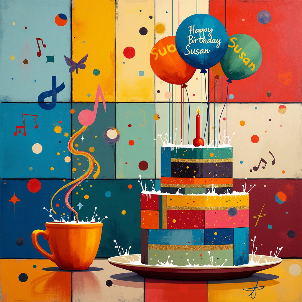 Imagine a lively abstract birthday celebration taking place in a whimsical, surreal coffee shop setting. The scene is a jubilant chaos of swirling colors, geometric shapes, and playful lines, inspired by the styles of Kandinsky, Mondrian, and Pollock.

At the center of the card, there's a floating birthday cake composed of bright, abstract squares and rectangles, much like Mondrian's compositions. The cake layers are colorful blocks, and instead of traditional frosting, dripping paint splatters in Pollock's style cascade down the sides.

Above the cake, a string of vibrant, geometric balloons float towards the sky, each balloon a different shape and color. These balloons are inscribed with scribbles and spontaneous brushstrokes reminiscent of Cy Twombly. The largest balloon in the middle has "Happy Birthday Susan!" written in a playful, swirling script, with "Susan" highlighted in glittering gold.

On the left side of the scene, there's an abstract coffee cup, created using de Kooning’s bold, gestural strokes. The cup seems to be dancing, its handle twisted into a whimsical spiral. A stream of steaming coffee, represented by undulating, colorful lines, floats upwards, transforming into a series of musical notes and abstract symbols inspired by Miró.

In the background, a series of Rothko-esque color blocks form a serene yet vibrant backdrop, with soft transitions between hues of blue, red, and yellow. Hovering in this abstract sky, a series of white clouds spell out "Susan" in a gentle, calligraphic style, adding a touch of surrealism akin to Malevich's floating geometries.

Near the bottom, abstract shapes resembling coffee beans are scattered around, painted with Richter’s textured techniques, adding depth and a tactile feel to the scene. A grid-like pattern, inspired by Agnes Martin, subtly overlays the entire scene, adding a sense of harmony and balance.

The overall composition is a playful, energetic explosion of color and form, each element contributing to a unique, celebratory atmosphere for Susan's special day.
Generated with these themes: Coffee.
Made with ❤️ by AI.