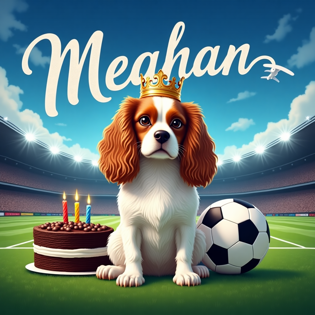 In the foreground of the greeting card, a regal King Charles Cavalier, with its silky chestnut and white fur, sits proudly on a lush green soccer field. Its big, expressive eyes are fixed on a crown that has been elegantly placed on its head, the gold gleaming under the bright stadium lights.

The soccer field is meticulously detailed, with perfectly painted white lines marking the pitch. In the background, a massive, realistically detailed soccer ball is positioned at an angle, just behind the dog, its black and white patches bold and striking.

Above, the sky is a deep azure, scattered with fluffy, white clouds. Across the expanse of blue, a skywriting plane has whimsically spelled out "Meghan" in soft, white letters, which fade gently into the horizon.

To the left of the Cavalier, a birthday cake sits on the field. It is a rich chocolate with layers that are intricately textured. The top of the cake is crowned with a small, edible soccer ball and a delicate sugar-crafted crown. The candles, in vibrant shades of blue and gold, are unlit but stand out vividly against the chocolate.

This scene is framed by a border that mimics a stadium's crowd, with tiny, indistinct figures colored in multicolors, suggesting jerseys and flags. The entire composition is a play on scale, with surreal elements like the oversized soccer ball and the skywritten name, blending the whimsical with the lifelike details.
Generated with these themes: King Charles cavalier, Soccer, and Crown.
Made with ❤️ by AI.