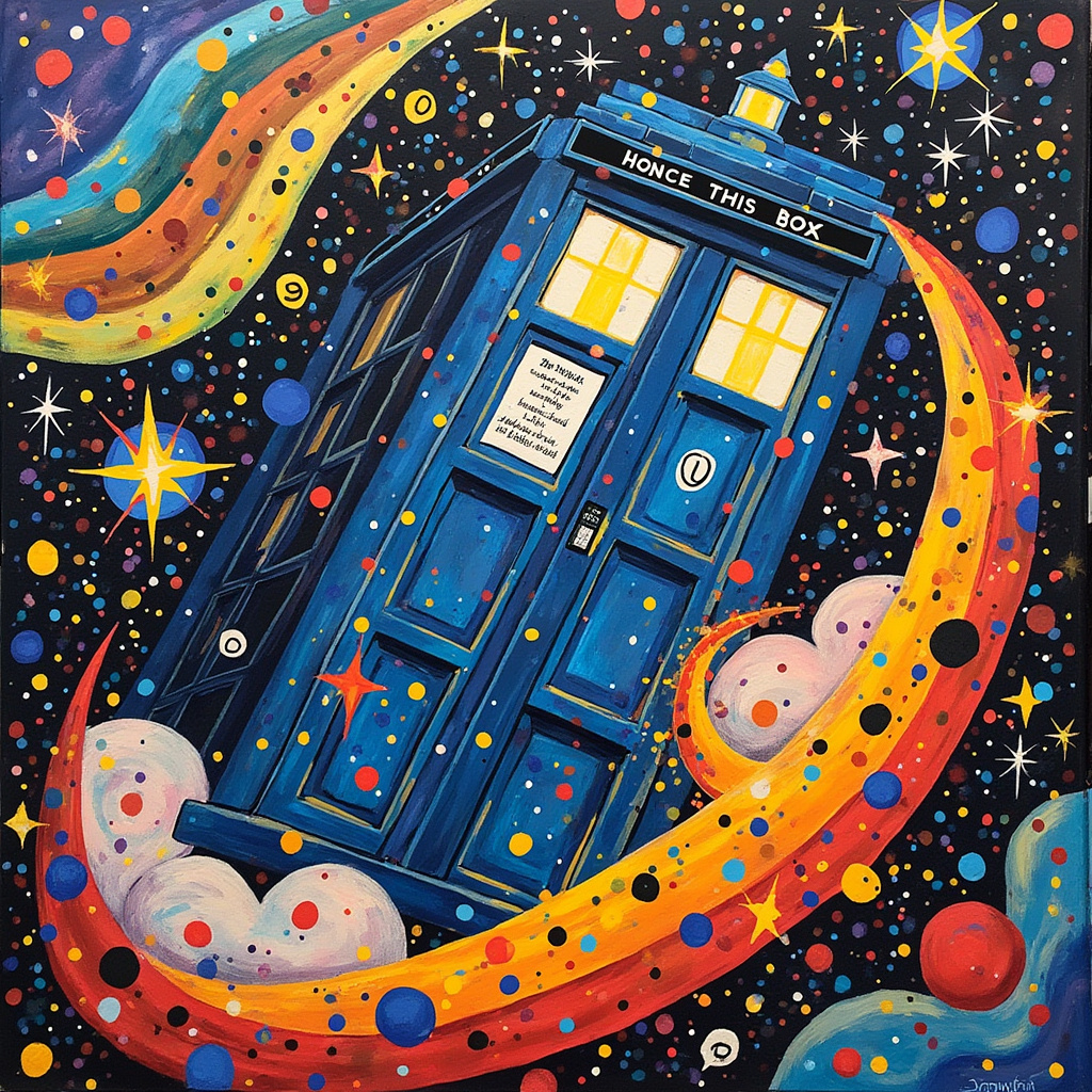 The front cover of this birthday card is a vibrant cosmic carnival inspired by the playful abstraction of Joan Miró and the dynamic splatters of Jackson Pollock. In the vastness of space, a colossal TARDIS, painted with a kaleidoscope of colors, floats serenely. Its familiar blue hue is now speckled with vivid dots and erratic lines, reminiscent of Pollock's energy-infused canvases. Surrounding the TARDIS, a galaxy of geometric shapes, inspired by Piet Mondrian's grids, spins in a dance of primary colors — red, blue, yellow, and black rectangles and squares intermingle with curving swirls of Kandinsky-like forms.

Amidst this celestial spectacle, a ribbon-like comet trails through the scene, its fiery tail forming the letters "Happy Birthday Nephew Jamie" in the bright, shining light of a nebula. The comet's path weaves around starbursts that twinkle like Miro’s whimsical symbols, while a Rothko-esque band of color stretches across the top edge, blending hues of twilight blues and purples.

In the lower section, abstract forms reminiscent of Malevich's suprematist shapes float as if weightless, suggesting a surreal birthday cake made of hovering geometric layers, each tier orbiting the TARDIS. These tiers are subtly marked with numerical patterns that hint at endless time loops, in homage to the TARDIS's timeless nature.

Floating on the outskirts, dreamlike clouds, lightly scribbled in the style of Cy Twombly, carry whispers of interstellar dust, their soft lines spelling out additional birthday wishes that glimmer faintly against the backdrop of a swirling, multicolored cosmos. Through this intergalactic festivity, Nephew Jamie is celebrated amidst the stars, making this birthday card a true masterpiece of universal cheer and abstract whimsy.
Generated with these themes: TARDIS in space.
Made with ❤️ by AI.