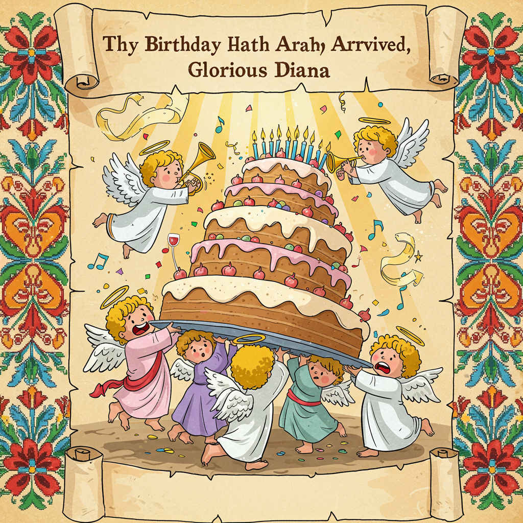 **Image Prompt:**

At the top of the vector image, “Thy Birthday Hath Arrived, Glorious Diana!”

A humorous vector illustration styled like an ancient parchment scroll, with curled edges and weathered textures to give an old-world manuscript feel. Along the scroll's borders, incorporate detailed Ukrainian embroidery patterns in bright reds, blues, and golds — stylized with a modern vector twist.

In the central scene, several cartoon cherubic angels (plump, cheeky-faced, with fluffy wings and flowing toga-like sashes) are comically struggling to carry an oversized, multi-tiered birthday cake. The cake is absurdly large, tilting dangerously as one angel hangs off the side with a worried expression, and another blows a trumpet triumphantly. The cake is decorated with golden halos instead of candles.

Include floating musical notes, sparkles, and scroll-like text ribbons swirling in the air for movement and humor. Subtle references to birthday revelry (confetti, a goblet of juice/wine, birthday hat on an angel, etc.) add to the fun. A royal sunbeam filters down dramatically onto the cake, giving it holy birthday reverence.
Generated with these themes: Looks like an ancient scroll with a big text, Angels deliver birthday cake, and Ukrainian enbroidery on the borders.
Made with ❤️ by AI.