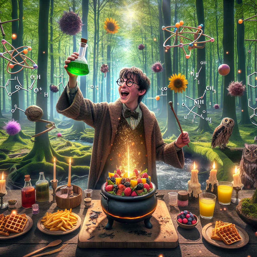 The setting is an enchanting woodland clearing in Belgium, adapted into a magical birthday location. At the centre, a young wizard with glasses and a scar cheers with a potion flask, amidst an atmosphere filled with laughter and floating chemical equations. The tantalizing smells of Belgian fries and waffles blend with the freshness of nature, as mesmerized local wildlife and flora surround a bubbling cake shaped like a cauldron, overflowed with forest fruits. It's a party where the paradigms of sorcery, science and culinary art happily intertwine.
Generated with these themes: Harry potter, Chemistry , Food, Nature, and Belgium .
Made with ❤️ by AI.