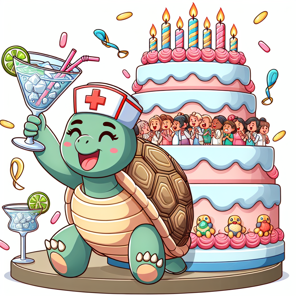 A delightful cartoon birthday celebration featuring a cheerful South Asian female tortoise wearing a nurse's cap, rejoicing with great energy. The tortoise is positioned next to a lavishly frosted cake, towering with layers and embellished with whimsical icing patterns. One of her hands is adeptly shaking a gin cocktail, while her other hand is humorously attempting to shake her shell, causing light-hearted laughter among the diverse crowd of party attendees.
Generated with these themes: Cake, Gin, Shaking tail, Nurse, and Tortoise.
Made with ❤️ by AI.