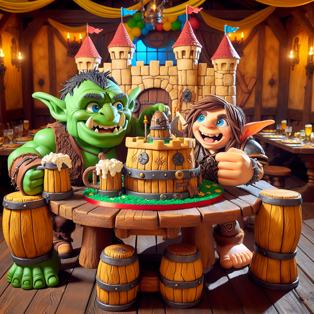 A lively extravagant birthday party in a classical fantasy-themed tavern. It features adorable, caricatured warriors - an orc and an elf. These warriors joyfully clink their ale mugs together over an old, heavy-set wooden table. The table creaks under the weight of a whimsically designed cake shaped like a stronghold, complete with turrets topped off with distinct flags. The tavern walls are draped with vibrant balloons and streamers, adding a heartwarming charm to the playful ambiance.
Generated with these themes: Warhammer.
Made with ❤️ by AI.