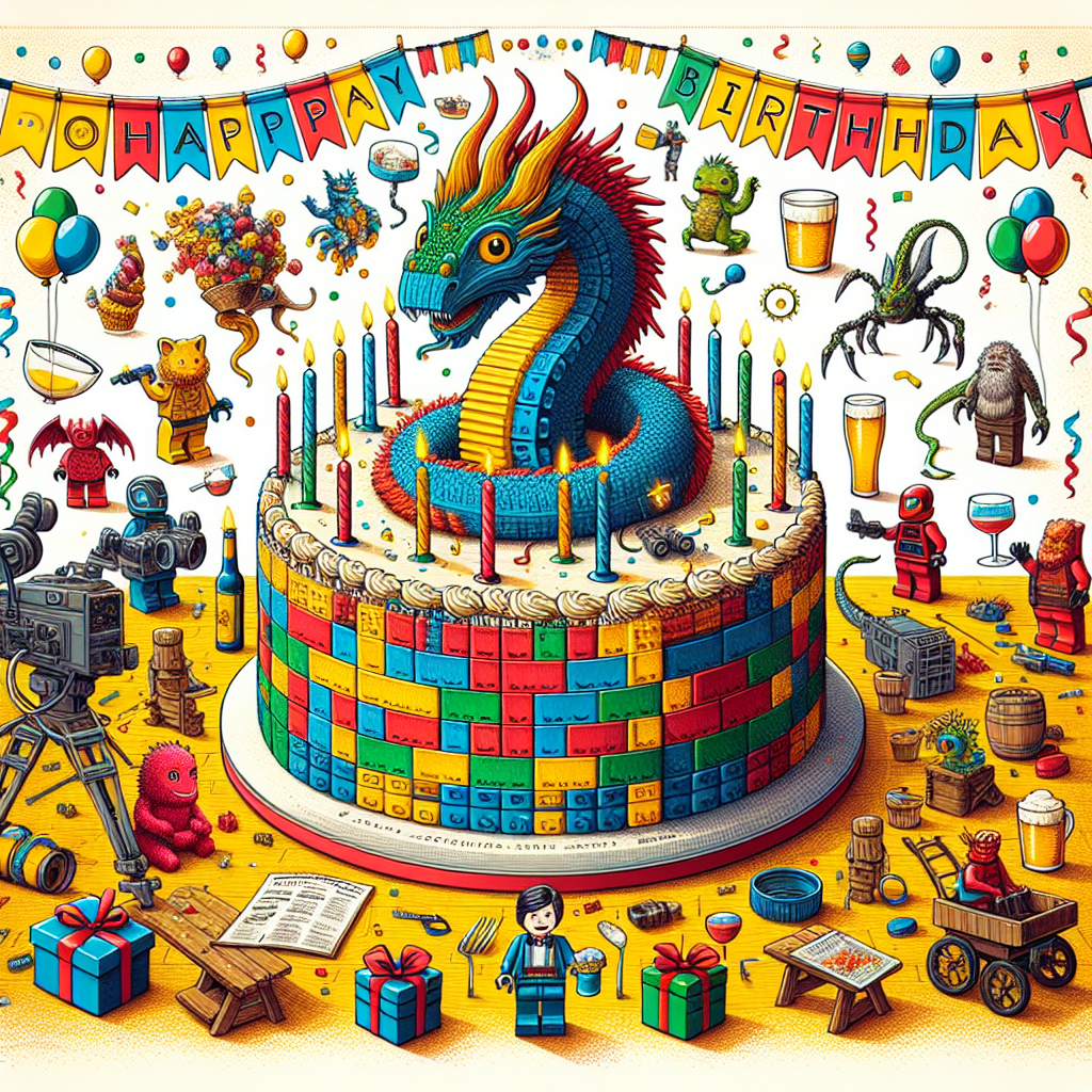 Create a whimsical birthday illustration that integrates the playful essence of science fiction movies, building blocks, mythical creatures, and traditional pub nuances. Central focus is a captivating cake constructed from building blocks, topped with miniature figures reminiscent of sci-fi movie characters, with a vibrant playful creature inspired by mythologies gleefully popping out. Colorful party banners in the background interlace with subtle elements of a traditional pub, like their typical menu and pint glasses, set against a heartfelt, celebratory backdrop with floating balloons themed after mythical creature capture devices.
Generated with these themes: Star wars, Lego, Pokemon, and Weatherspoon .
Made with ❤️ by AI.
