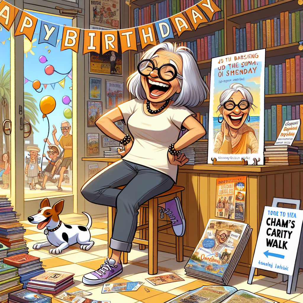 Create a lighthearted birthday cartoon set in a sunny Australian bookshop. The main character is a joyous South Asian bookseller with glasses and white shoulder-length hair. She's taking a break from arranging a travel-themed book display and is basking in the bustling, laughter-filled atmosphere of the shop. The walls are decked with theatrical posters, reflecting her passion for drama. A mischievous Jack Russell peeks out from behind a heap of books in the background. Beside the shop's entrance, there are flyers about her upcoming charity walk. The illustration is designed to capture her personality and passion on her special day.
Generated with these themes: Caucasian woman with white shoulder length hair and glasses, Bookseller, Australia, Theatre, Jack russell in the background, Charity walk, and Travel.
Made with ❤️ by AI.