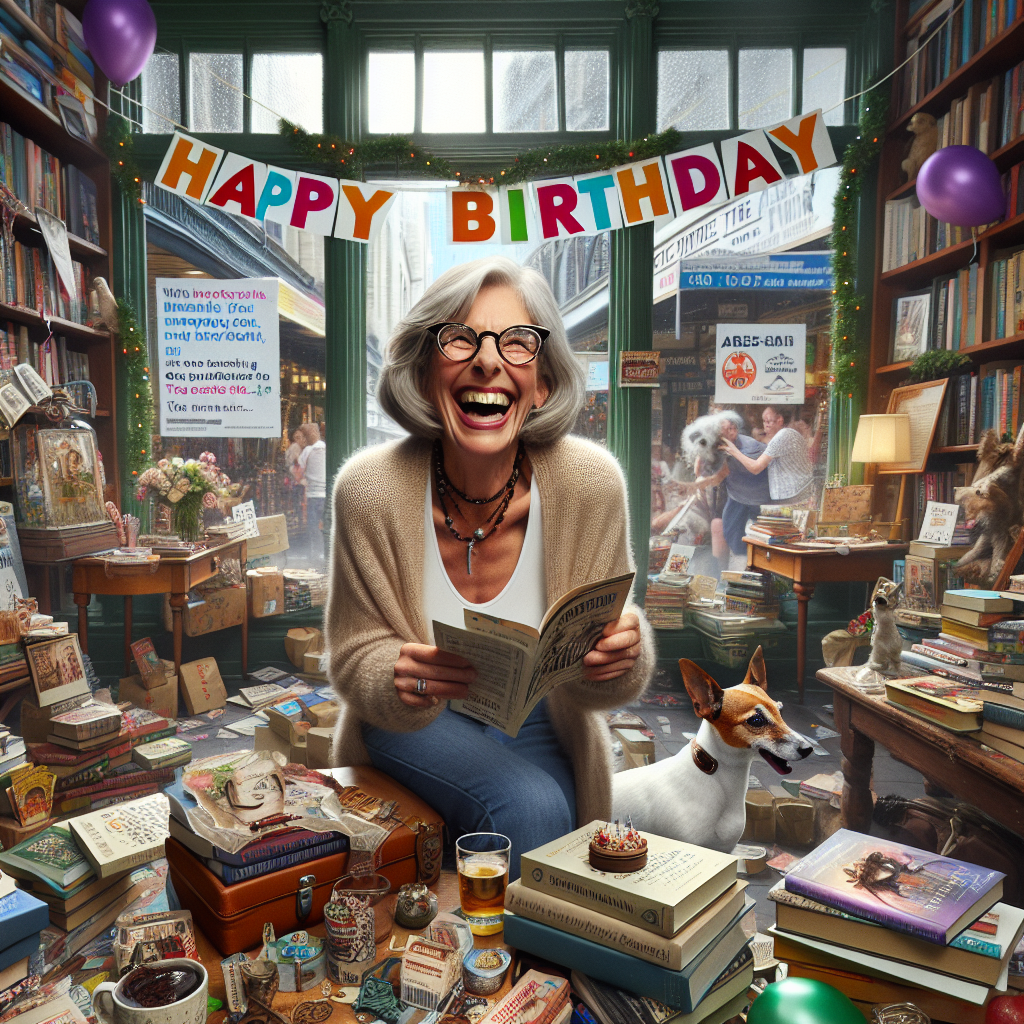 Imagine a lively birthday celebration taking place in a charming bookstore in Australia, full of festive decorations. In the middle of the scene, a smiling caucasian woman with shoulder-length white hair and glasses is laughing joyfully. She has a theatre ticket in one hand, showing her passion for performing arts. Surrounding her are heaps of books and souvenirs from her travels, showing the journeys she has taken. Above her, a bright 'Happy Birthday' banner adds to the festivity. In the book-laden surroundings, a playful Jack Russell terrier is enjoying itself, bringing a warm atmosphere to the scene. Through the window, a banner promoting a charity walk underlines the woman's dedication to philanthropy, making this birthday scene personal, comically rich, and heartwarming.
Generated with these themes: Caucasian woman with white shoulder length hair and glasses, Bookseller, Australia, Theatre, Jack russell in the background, Charity walk, and Travel.
Made with ❤️ by AI.