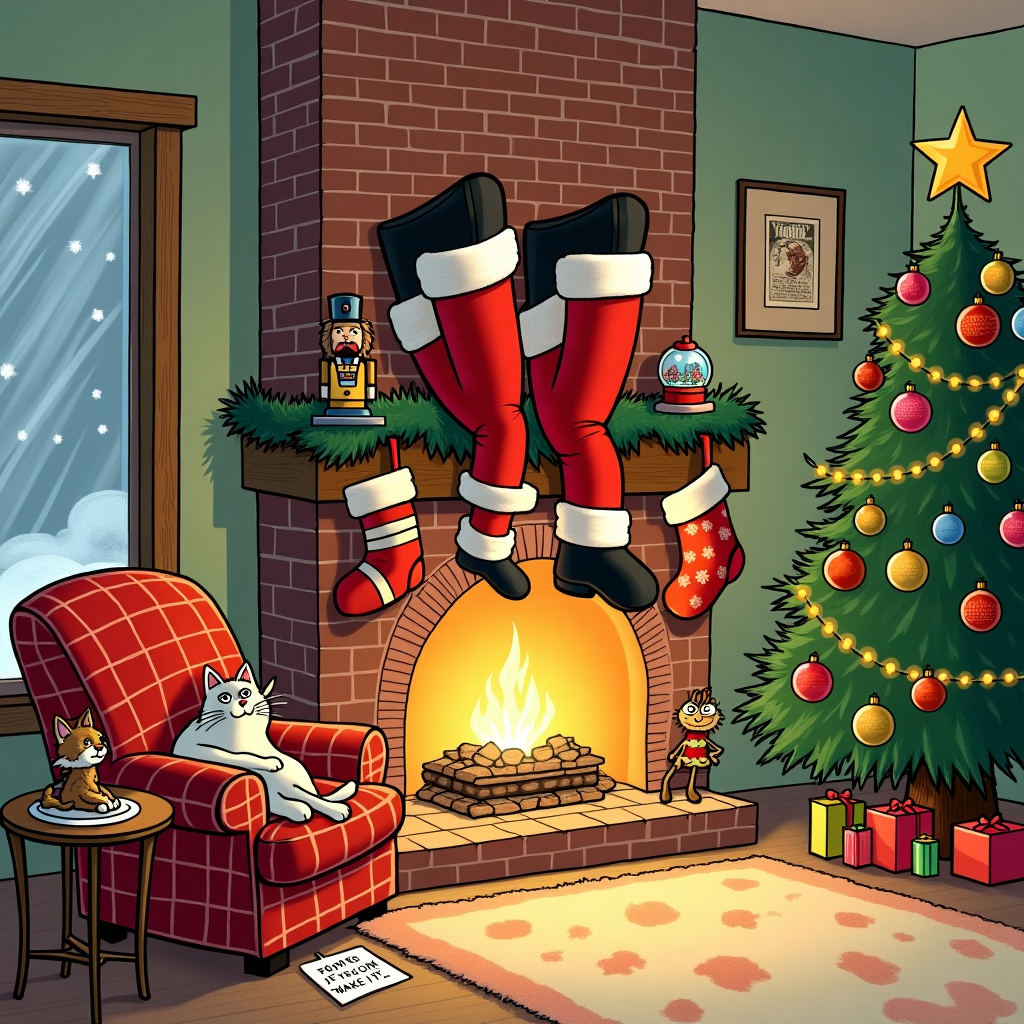 In a cozy, warmly lit living room, the Christmas tree stands prominently in one corner, adorned with colorful baubles, twinkling lights, and a comically large star that appears to lean slightly to one side, as if struggling to maintain balance. At the center of this comical holiday scene is the fireplace, a classic brick structure with a mantel decorated with mismatched Christmas stockings—each with a quirky pattern like polka dots, stripes, and tiny reindeer. From the chimney, two unmistakably jolly, red-clad legs dangle humorously, ending in fluffy white-trimmed black boots that seem a size too big, giving a nod to Charles Schulz's playful simplicity. The legs wiggle slightly as if Santa is stuck and trying to find his way down, reminiscent of the slapstick humor of Gary Larson.

Below the fireplace, a warm fire crackles, illuminating the room with a golden glow that casts whimsical shadows on the walls. The mantel is topped with an assortment of festive decorations—a snow globe, a cheeky nutcracker with a mischievous grin, and a family photo featuring a dog wearing antlers. Next to the fireplace, an oversized, plaid armchair holds a cat curled up, its tail flicking lazily, seemingly unfazed by the leggy intrusion from above, capturing the timeless charm of Bill Watterson's work. A small table beside the chair holds a plate of cookies with a note that reads, "For Santa, if you can make it!" in a child's scrawled handwriting, echoing the imaginative mischief of Calvin and Hobbes.

The walls are adorned with framed prints of vintage Christmas comics, hinting at a love for holiday nostalgia. On the floor, a plush, oversized rug with a pattern that playfully resembles a snowy village scene adds warmth and whimsy to the setting. In the background, faintly visible through a frosted window, snow gently falls outside, creating a perfect backdrop for this delightfully absurd and charmingly festive moment.
Generated with these themes: Fire place with santas legs dangling down the chimney .
Made with ❤️ by AI.