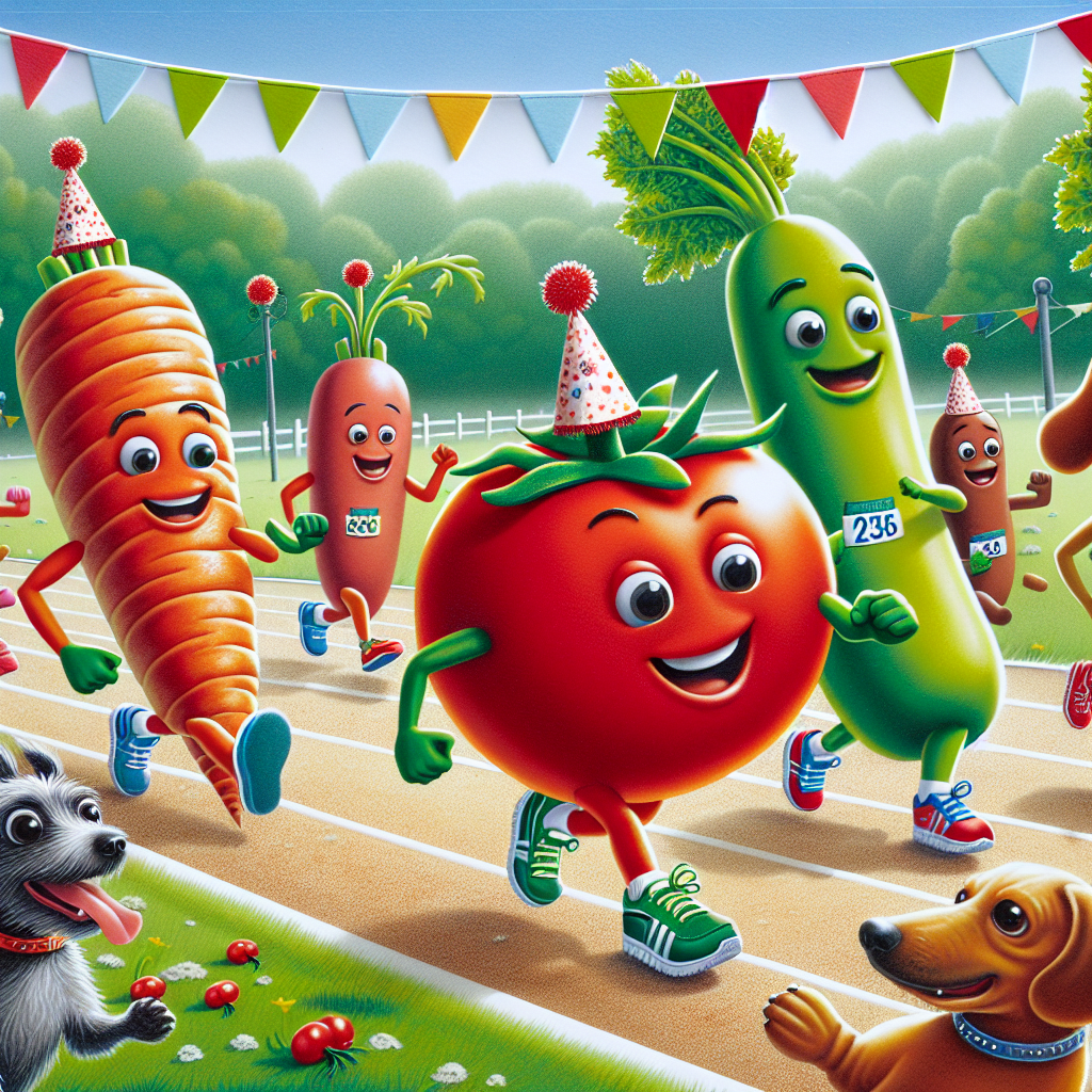 Picture a vibrant birthday card displaying a lively scenario in a park with a unique vegetable theme. In the middle, you can observe animated vegetables including an upbeat tomato and an energetic carrot, both adorned in miniature running shoes, competing in a race with absolute joy. Behind these vegetables, a group of three sausages, also dressed in athletic attire, are in hot pursuit, adding an element of surprise to the race. Delighted dogs of assorted breeds are positioned along the path. They are cheering for the participants while sporting festive party hats. Among the dogs, one dachshund seems unable to resist joining the race, its elongated body extending hilariously in mid-sprint.
Generated with these themes: Vegetables , Running, Sausages, and Dogs.
Made with ❤️ by AI.
