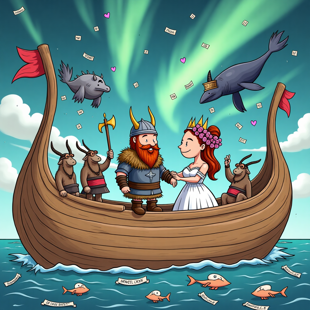 **Prompt:**  
At the top of the cartoon image: *"Happy Axe-tually Tied-the-Knot Day, James & Debs!"*

Surreal cartoon scene of a Viking wedding held aboard a longship that's also a giant floating wedding cake. The bride and groom (James and Debs as cartoon Viking characters) stand at the ship’s prow, wielding ceremonial golden battle-axes instead of rings. Viking guests – including a walrus in chainmail, a floating ghostly raven minister, and a couple of goats wearing floral garlands – cheer while hurling runes and confetti made of snowflakes and tiny shields. The sky is swirling with northern lights shaped like hearts and mustaches, and a whale with a top hat leaps joyously in the distance. The sea beneath is bubbling with smiling fish that carry love notes in scrolls tied to their fins. The entire scene oozes surreal, absurd love-infused Viking weirdness, perfectly bizarre for a wedding celebration card.
Generated with these themes: Viking wedding.
Made with ❤️ by AI.