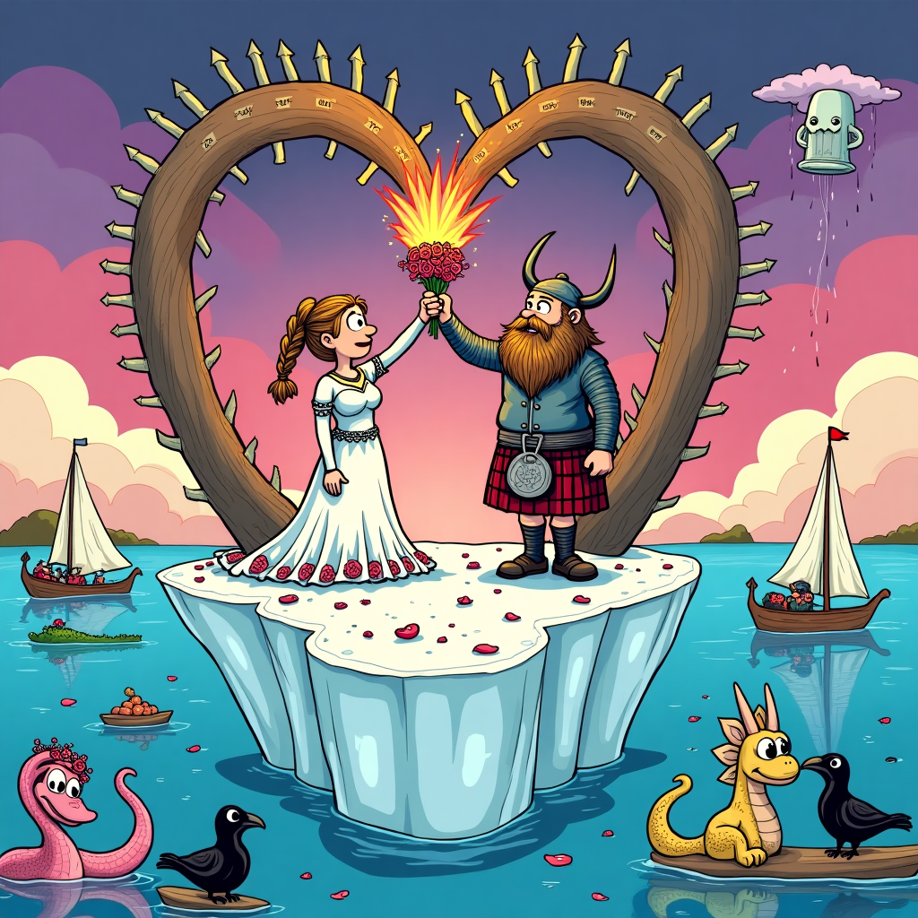 **Prompt:**

At the top of the cartoon image, "James & Debs — Axe-cepted into Holy Matrimony!"

A surreal, whimsical cartoon Viking wedding set on a floating iceberg shaped like a giant heart drifting through a pastel galaxy sky. A horned Viking bride (Debs) in a battle-ready wedding dress made of chainmail and rose petals is holding a flaming bouquet aloft like a trophy. James, the groom Viking, has braided beard extensions and is wearing a ceremonial kilt made of sails. They're standing beneath a twisted Norse tree arch made of swords, with runes glowing like neon lights.

Guests include cheerful sea serpents in bowties, ravens wearing monocles, and longboats rowing themselves in a conga line. Off to the side, Odin officiates the wedding while sipping from a giant champagne goblet shaped like Thor's hammer. Pink and gold confetti rains down from a thundercloud with a face that's crying happy tears. The whole scene pops with bold colors and strange angles, as if gravity is optional and logic is love-drunk.
Generated with these themes: Viking wedding.
Made with ❤️ by AI.