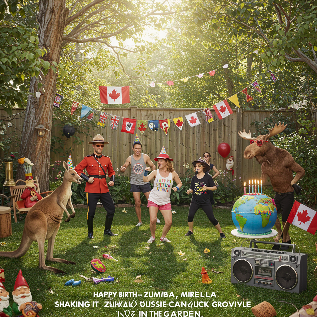 At the top of the realistic photograph image: "Happy Birth-ZUMBA, Mirella—shaking it Aussie-Canuck style in the garden!"

Prompt for a realistic, funny birthday-themed photograph-style image:

A bright, sunlit backyard garden with an eclectic mash-up of Canadian and Australian details—on one side of the garden is a lounging kangaroo wearing a party hat and sweatbands, doing a clumsy Zumba move; on the other side, a moose in sunglasses tries to mirror the dance from a garden boom box blaring Zumba music. In the center, a group of enthusiastic partygoers (mixed Australian and Canadian attire: someone in a Mountie uniform doing lunges, another in a cork hat and “Happy Birthday” tank top) join in a chaotic garden Zumba session surrounded by gum trees, maple leaves, gnomes waving flags, and a banner made of eucalyptus and maple leaves that says "Let’s get this garden party groovin’!". A birthday cake shaped like a globe with Canada and Australia connected by a tiny Zumba dancer tops it all off. The overall style is high-resolution, realistic photograph—think quirky stock photography meets National Geographic party.
Generated with these themes: Garden, Zumba, Australia, and Canada.
Made with ❤️ by AI.