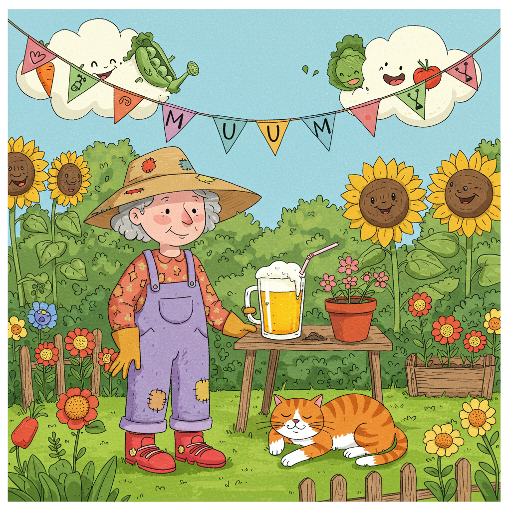 The greeting card cover bursts with vivid cartoonish energy, drawing inspiration from the whimsical styles of Charles Schulz and Bill Watterson. The scene unfolds in a lush garden bathed in the golden glow of a sunny day. The garden is alive with exaggeratedly vibrant greens and playful, oversized flowers with expressive faces, some leaning in curiously towards the centerpiece action.

At the heart of the scene, a quirky grey-haired woman is depicted, her hair styled in an exaggerated bob that bounces with character. She wears a flamboyant gardening hat adorned with colorful patches and a floppy brim. Her gardening overalls are a playful pastel purple, speckled with cartoonish daisies, and her bright red shoes are comically oversized, adding to her exaggerated features.

In front of her, a ginger and white Tom Cat, its fur a mosaic of swirling cartoonish patterns, sprawls on the grass with exaggerated laziness. The cat's tail is humorously elongated, curled around a flower pot filled with dirt, its lid perched on the cat's head like a silly cap.

Next to the woman, a gleaming glass of beer sits prominently on a small, rickety wooden garden table. The beer froths over the top, depicted with vibrant whites and yellows, and a bright blue and white striped straw protrudes playfully from the glass.

Above this whimsical tableau, a string of bunting arcs across the sky, the colorful triangular flags spelling out "Mum" in big, bold letters. Each letter is decorated with mini garden tools, like tiny shovels and watering cans, adding a fun, thematic touch.

In the background, tall sunflowers with oversized, comically detailed faces lean into the scene as if they're gossiping about the garden's happenings. The sky is a soft blue, dotted with fluffy, exaggerated clouds in the shapes of garden vegetables like carrots and peas.

Overall, the scene is a delightful riot of color and exaggerated charm, capturing a humorous and lively moment in a garden that's brought to life with a touch of cartoon magic.
Generated with these themes: Pretty grey short haired woman, Gardening, Ginger and white Tom Cat, Glass of beer, and Garden.
Made with ❤️ by AI.