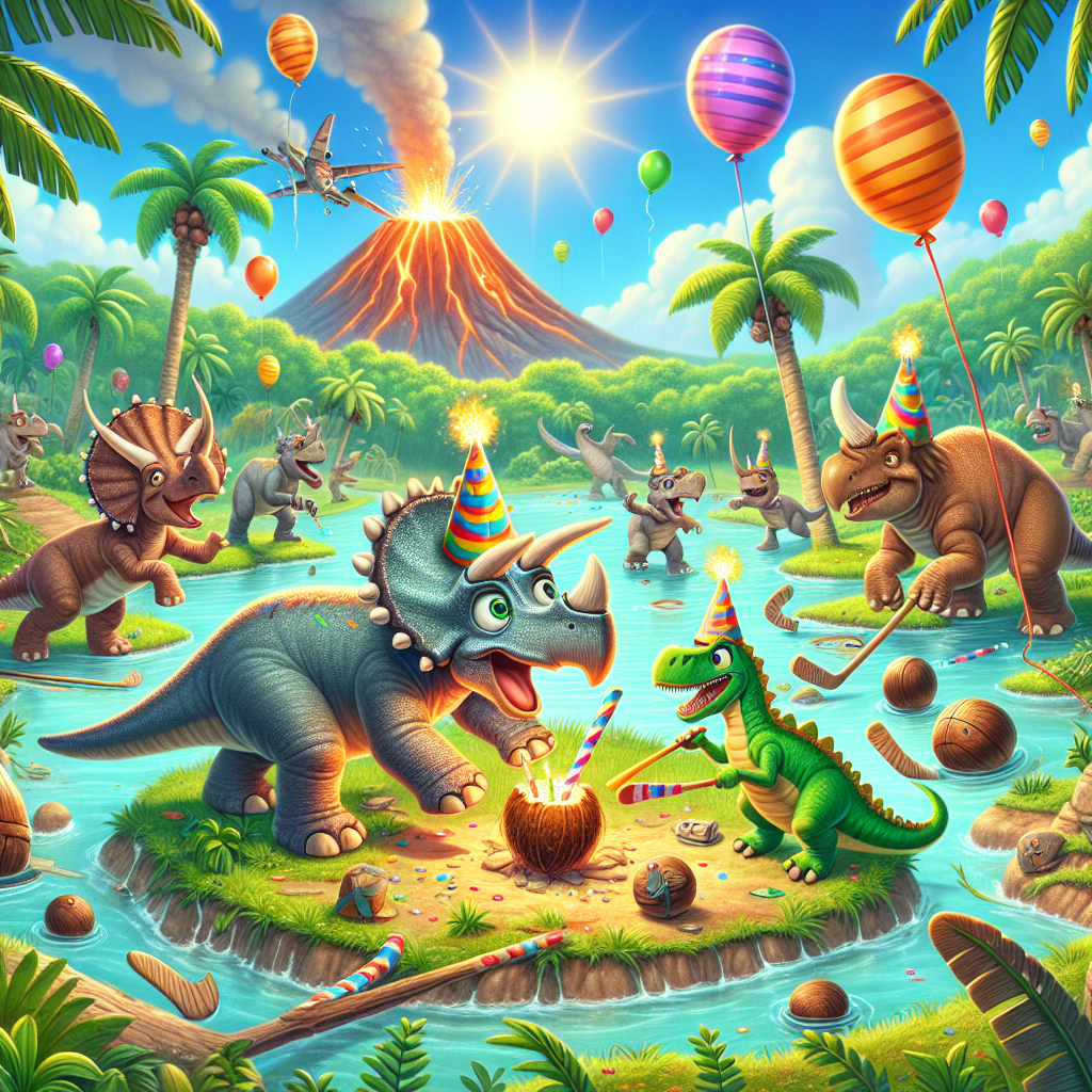 Generate an animated image featuring a lively birthday celebration. A jovial group of dinosaurs, including a Triceratops, a T-Rex, and a Stegosaurus, are all wearing vibrant party hats. They're spread out in a verdant prehistoric landscape where they're immersed in an enthralling game of geocaching. One intelligent Triceratops has discovered a hidden treasure near a simmering volcano. Simultaneously, an eager T-Rex and Stegosaurus are comically trying their hands at hockey, with a coconut serving as a puck and grand palm leaves as sticks. The entire scene is under a sky swarming with drifting balloons and a radiant sun flashing a cheery grin.
Generated with these themes: Dinosaurs, Geocaching, and Hockey.
Made with ❤️ by AI.