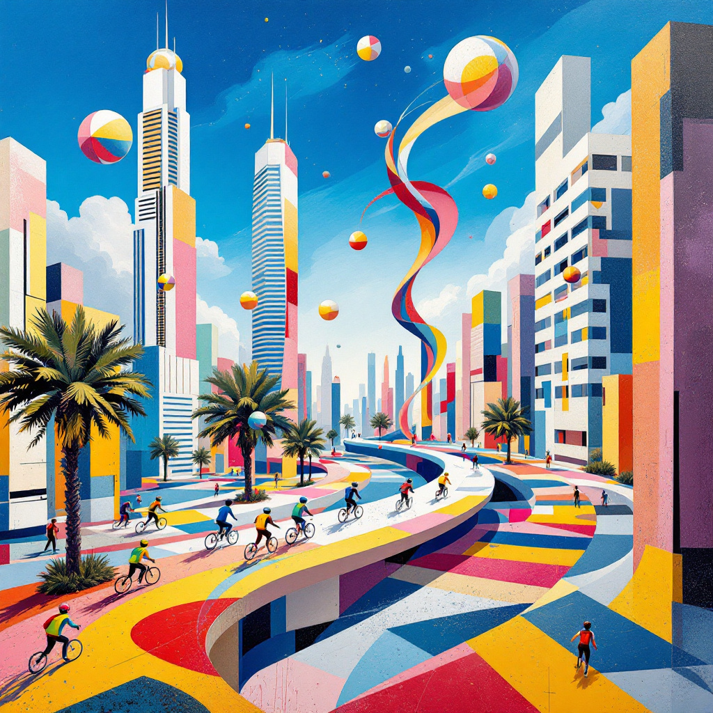 In the heart of an abstract, kaleidoscopic Abu Dhabi, a surreal cityscape emerges, filled with geometric skyscrapers reminiscent of Mondrian's bold lines and primary colors. The towers twist and turn in unexpected ways, blending with de Kooning's energetic brushstrokes, creating an illusion of movement and flow. In the foreground, a whimsical marathon of figures—each painted in a Pollock-like splatter of vibrant hues—zips around the curving paths, symbolizing both running and cycling in a single, fluid motion. The figures wear humorous, oversized helmets and running shoes that seem to pulse with kinetic energy.

Hovering above this bustling scene is a giant, Rothko-inspired birthday cake. Its layers are thick slabs of contrasting, abstract colors, topped with a vibrant blue frosting that resembles the serene skies of Abu Dhabi. Instead of candles, the cake is adorned with twisted, metallic shapes that resemble Miró's playful constellations, symbolizing sparks of inspiration from Nudge Theory. These shapes guide the eye upward to the sky, where 'HAPPY BIRTHDAY JORDAN!' is spelled out in elegant, cloud-like forms, as if Twombly himself had scrawled them with a celestial brush. Jordan's name gleams against the backdrop of a golden sun, which hovers in the upper corner, echoing Malevich's fondness for geometric abstraction. The entire scene is framed by a border of delicate, repetitive patterns reminiscent of Agnes Martin's soothing grids, bringing a sense of harmony and celebration to this unique, abstract birthday tableau.
Generated with these themes: Abu Dhabi , Running cycling , and Nudge theory.
Made with ❤️ by AI.