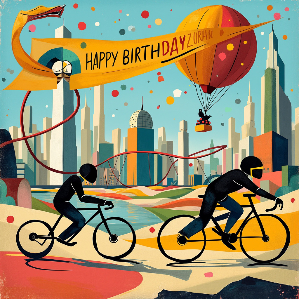 The front cover of this birthday greetings card is a vibrant explosion of abstract elements that harmoniously intertwine the themes of Abu Dhabi, running, cycling, and nudge theory. The backdrop is a sprawling, surreal cityscape inspired by the futuristic skyline of Abu Dhabi. The iconic skyscrapers are stylized with bold, angular lines reminiscent of Piet Mondrian's geometric precision, and the sandy hues echoing the desert are splashed with vibrant strokes of blue and green à la Jackson Pollock, symbolizing the cycling and running paths weaving through the city.

In the foreground, abstract figures with fluid forms suggestive of Joan Miró's playful style are engaged in a whimsical race, one figure running with elongated, spiraling legs, and another pedaling an oversized, circular bicycle wheel. Each figure is composed of fragmented shapes and lines, like a dynamic Wassily Kandinsky painting, capturing the motion and energy of their activities.

Amidst this lively scene, a massive balloon in the shape of a camel drifts above, carrying a bright banner that reads "Happy Birthday Jordan" in Cy Twombly-esque scribbles. This banner, fluttering in the imagined breeze, incorporates Nudge Theory through cleverly placed arrows and prompts, guiding the viewer's eyes toward different elements of the scene, gently encouraging interaction with the playful chaos.

Floating through the sky, reminiscent of Kazimir Malevich's abstract works, are vibrant geometric clouds—rectangles, circles, and triangles—each subtly forming letters that collectively spell out "Jordan" in a puzzle-like manner, inviting discovery and delight. A miniature replica of Abu Dhabi’s famous Ferrari World coaster loops in the distance, connecting the scene's playful elements into a cohesive, abstract narrative.
Generated with these themes: Abu Dhabi , Running cycling , and Nudge theory.
Made with ❤️ by AI.