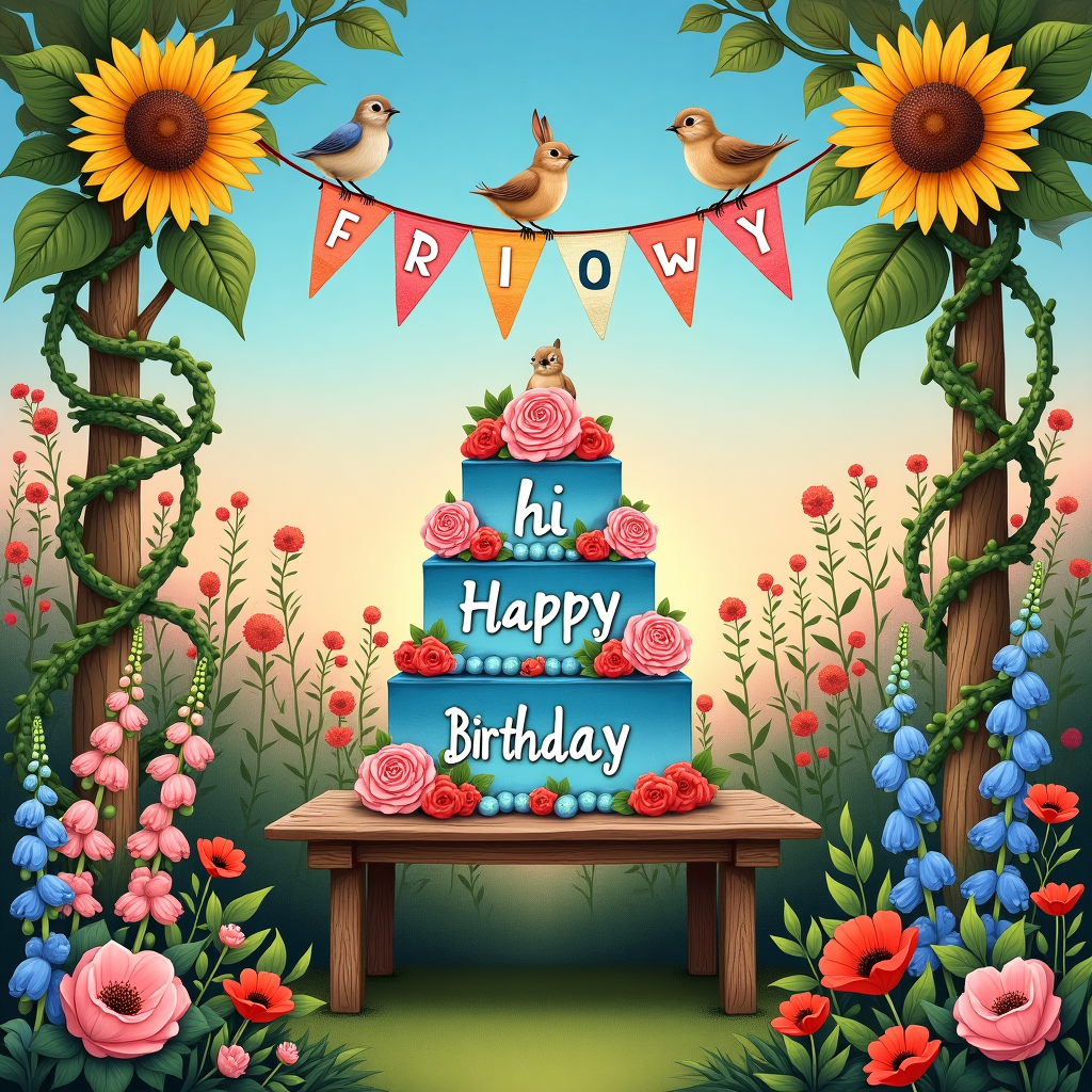 The scene is a bustling birthday celebration set in an enchanting garden, filled with whimsical details that captivate the eye. At the center, a towering cake rests atop a wooden table, its tiers frosted in a gradient that shifts from deep blue at the base to light blue at the top, adorned with cascading pink and red sugar roses that appear almost lifelike. Each letter of "Happy Birthday" is perched delicately on the cake, crafted from fondant, with colors transitioning from dark blue on the left to light blue on the right.

Surrounding the cake is a vibrant garden brimming with an assortment of hand-drawn flowers reminiscent of Beatrix Potter's intricate botanical illustrations. Imagine tall, elegant foxgloves with their bell-shaped blooms in pale pinks and soft blues, mixed with clusters of rich red poppies that seem to nod gently in a light breeze. Ivy vines coil around the legs of the table, detailed with intricate veining in a style akin to Arthur Rackham's twisted and tangled flora.

Above the scene, a cheerful banner hangs between two towering sunflower stalks, their heads tilted slightly towards each other. The banner is composed of pastel-colored flags, each bearing a letter of the word "hi" in playful, mismatched fonts, a nod to Quentin Blake's spontaneous, free-spirited lettering.

The background is a Maxfield Parrish-inspired sky, with its enchanting blue transitioning to a soft, rosy pink as it meets the horizon, hinting at the approach of evening. Here and there, small woodland creatures peek out from the undergrowth—perhaps a rabbit in a blue waistcoat, echoing the whimsical charm of Edward Gorey’s illustrations, or a pair of curious birds perched atop the cake, each with a keen, observant eye, adding to the scene's narrative intrigue.

This rich tapestry of details and colors creates a lively and inviting visual feast, perfect for a birthday greeting card that is both charming and uniquely expressive.
Generated with these themes: Flowers, Changing in colors for each letter like on one side of the dark blue and on the other side of the letter it's a light blue,  blue, Pink, and Red.
Made with ❤️ by AI.