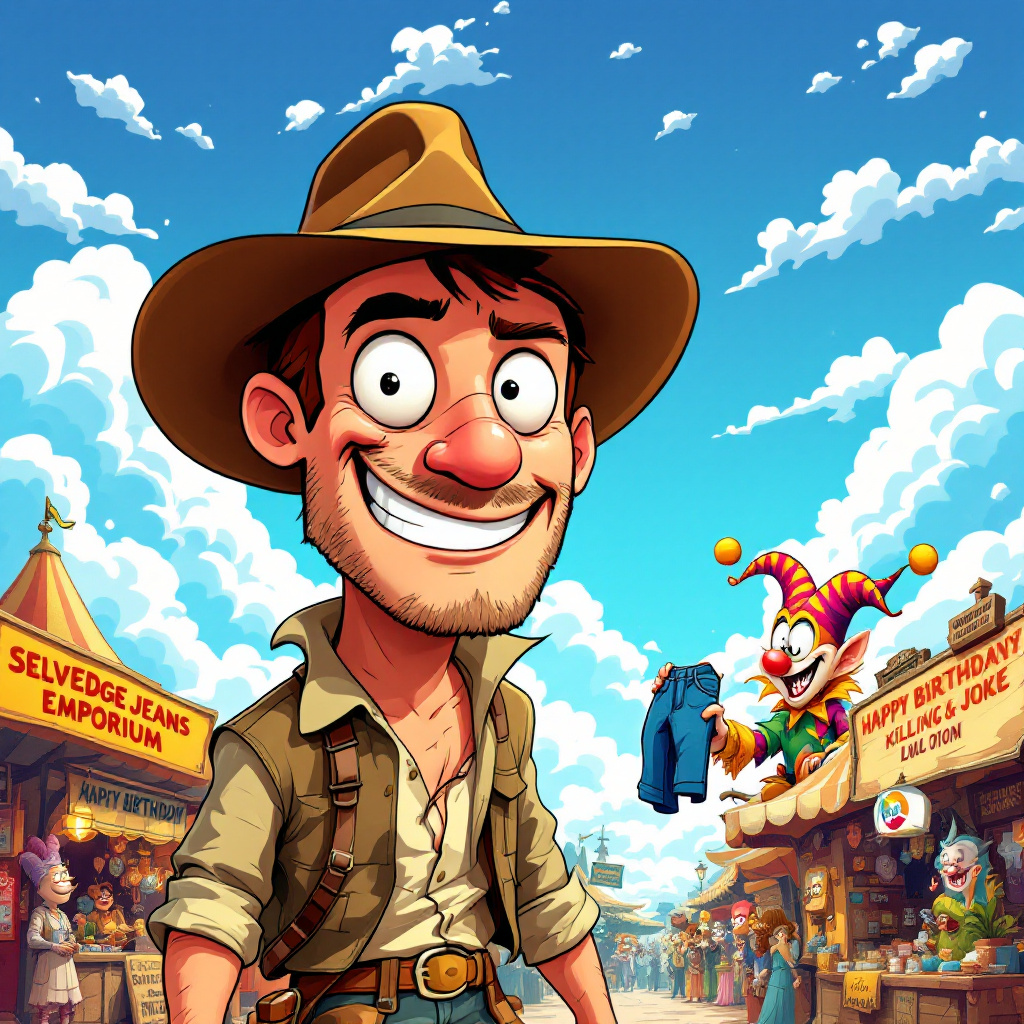 The front cover of the birthday greeting card is a vibrant cartoon scene set in a bustling marketplace that seems plucked from an Indiana Jones adventure. The sky is a bright, cartoonish azure, speckled with fluffy white clouds that resemble melting marshmallows. In the foreground, an adventurous, cartoonish character reminiscent of Indiana Jones is humorously depicted. He's wearing a pair of selvedge jeans, with visible stitching and a vintage leather belt, his iconic fedora, and a half-buttoned, rugged shirt, looking determined yet slightly bewildered. His face is expressive, with exaggerated wide eyes and a comically oversized grin.

The marketplace stalls around him are bustling with quirky characters in elaborate outfits, possibly referencing The Killing Joke. One stall, prominently displaying a sign reading “Selvedge Jeans Emporium,” is attended by a peculiar character in a flamboyant jester outfit. This jester, with a mischievous grin, is holding a pair of selvedge jeans like a prize, gesturing energetically towards the hero, as if urging him to try them on. Nearby, a stack of jeans towers precariously, adding an element of slapstick to the scene.

To the left, a comic panel-style gag is occurring: a small, cartoonish penguin in a fedora (paying homage to the Indiana Jones theme) is frantically slipping on a banana peel, about to fall into a barrel labeled “Joke Supplies” — referencing The Killing Joke. The scene is bustling with other quirky details: a monkey wearing tiny selvedge jeans climbing a stall, a parrot squawking while sitting on a crate labeled “Danger: Wild Puns,” and a hot air balloon in the background shaped like a giant pair of jeans.

The artwork is rendered in a playful style, blending the clean lines and expressive character design reminiscent of Bill Watterson and the bustling, detailed environments inspired by Hergé’s Tintin. The vibrant colors and attention to detail make the card inviting and packed with visual jokes and elements, ensuring that each glance reveals a new detail or character interaction.
Generated with these themes: Selvedge jeans Indiana Jones Kiling Joke.
Made with ❤️ by AI.