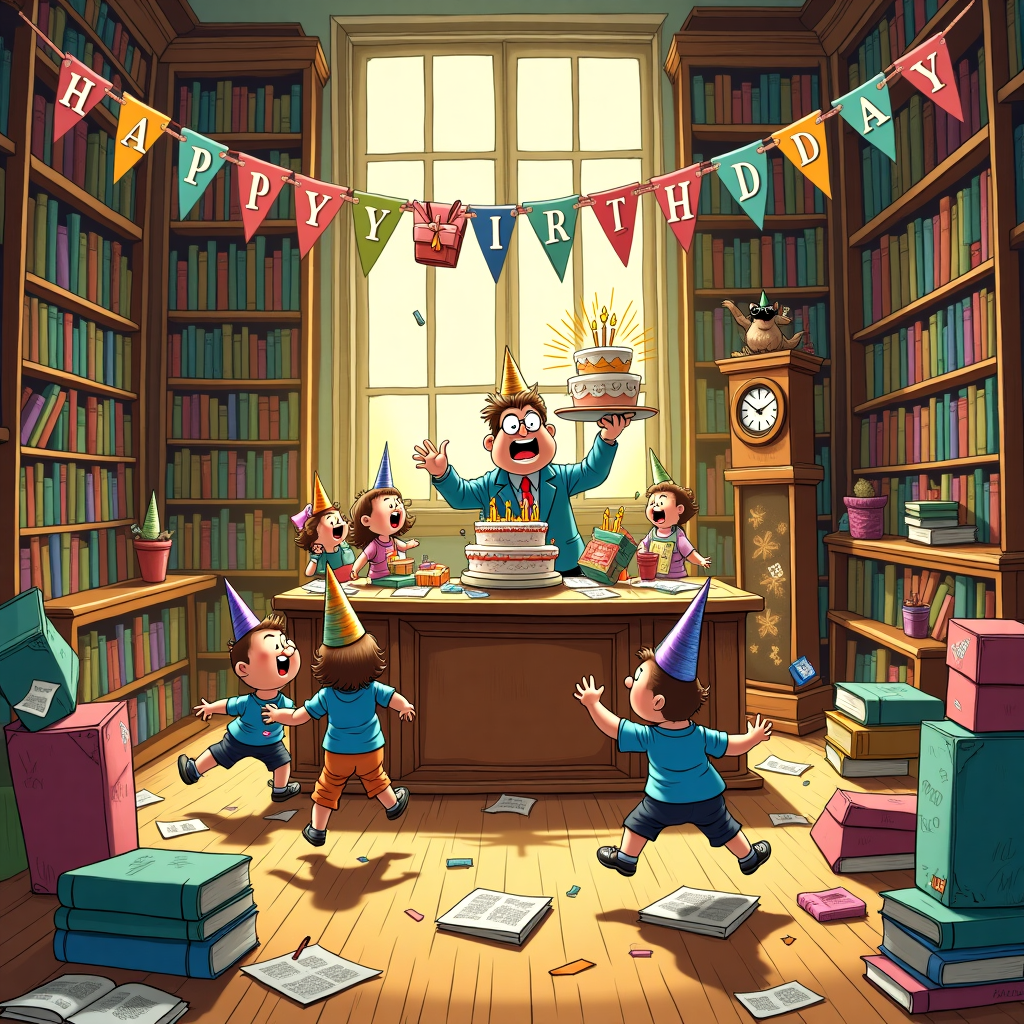 The front cover of the birthday greeting card unfolds a chaotic yet hilarious scene inside an old, charming library that has been transformed into a whimsical birthday party setting. Imagine the setting in a style inspired by Charles Schulz and Bill Watterson, with exaggerated facial expressions and dynamic poses. At the center of the scene is a large wooden desk, traditionally meant for book returns, now comically overloaded with colorful gift boxes wrapped in shiny, metallic paper with oversized bows. A bespectacled librarian, reminiscent of a character from a Gary Larson cartoon, is caught in a fluster, holding a cake stand with a teetering, multi-tiered birthday cake topped with sparklers.

In the foreground, an excited group of children in party hats, styled like characters from Calvin and Hobbes, are playfully darting between towering bookshelves. One mischievous child, reminiscent of Astro Boy, is mid-air, reaching for a string of mismatched bunting that loops between shelves. Beneath the children's feet, a trail of scattered books lies open, each with comical titles like "The Very Hungry Octopus" or "101 Uses for a Bookmark," adding to the hilarity.

To the side, a well-dressed, anthropomorphic dog character, a nod to the spirit of Winsor McCay, stands on hind legs, juggling library cards like a circus performer. In the background, large windows allow streams of golden sunlight to pour in, casting playful shadows that dance across the floor, where a group of cartoonish bookworms (literally worms with glasses) are humorously lining up to borrow 'Worm Peace.' 

Above it all, a large, colorful banner strung across the scene spells out "Happy Birthday" with letters humorously styled as if crafted from dog-eared book pages. A nearby cuckoo clock, in the shape of a mini-bookcase, shows a little bird popping out, dressed in a tiny party hat and blowing a party horn, adding to the playful chaos. This lively scene blends the charm of a library setting with the delightful pandemonium of a children's birthday party, promising a card that will bring smiles and laughter.
Generated with these themes: Library chaos.
Made with ❤️ by AI.
