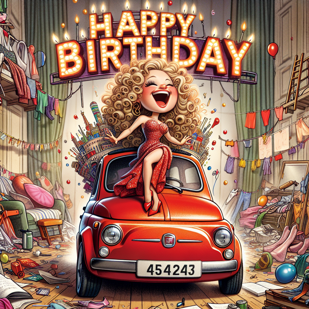 A whimsical cartoon-themed birthday card features a girl with long blonde hair, joyfully singing onstage in a musical theater setting. She's depicted inside a cherry red Fiat 500, which anomalously serves as part of the stage design. Her surroundings are burst with lively decorations, including a vibrant 'Happy Birthday' sign. Adding an amusing twist, a tall and curly-haired cartoon character, stylishly dressed in an elegant gown, graces the scene with a captivating pose. In the backdrop, the chaotic allure of a disheveled student dormitory amplifies the humor of the scene. Scattered books and clothing form a pleasantly messy tableau that articulates the vibrant disarray of student life.
Generated with these themes: Girl with long blonde hair in a red Fiat 500 whilst singing onstage in a musical, Musical Theatre, Happy Birthday sign, Harry Styles in a dress, and Messy student accommodation.
Made with ❤️ by AI.