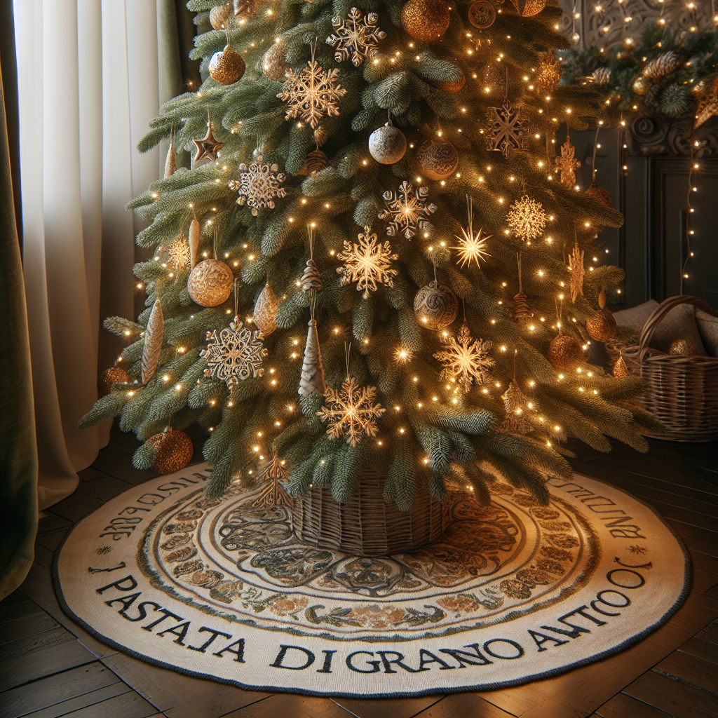 A cozy Christmas scene unfolds with an ornately decorated, lifelike tree as the centerpiece. Warm lights twinkle amidst the lush green branches, which are adorned with handcrafted wooden ornaments and glistening snowflakes. The tree skirt features a homey, intricate pattern spelling out 'Pasta di grano antico' in a festive font, harmonizing with the room's yuletide cheer.
Generated with these themes: christmas tree's.
Made with ❤️ by AI.