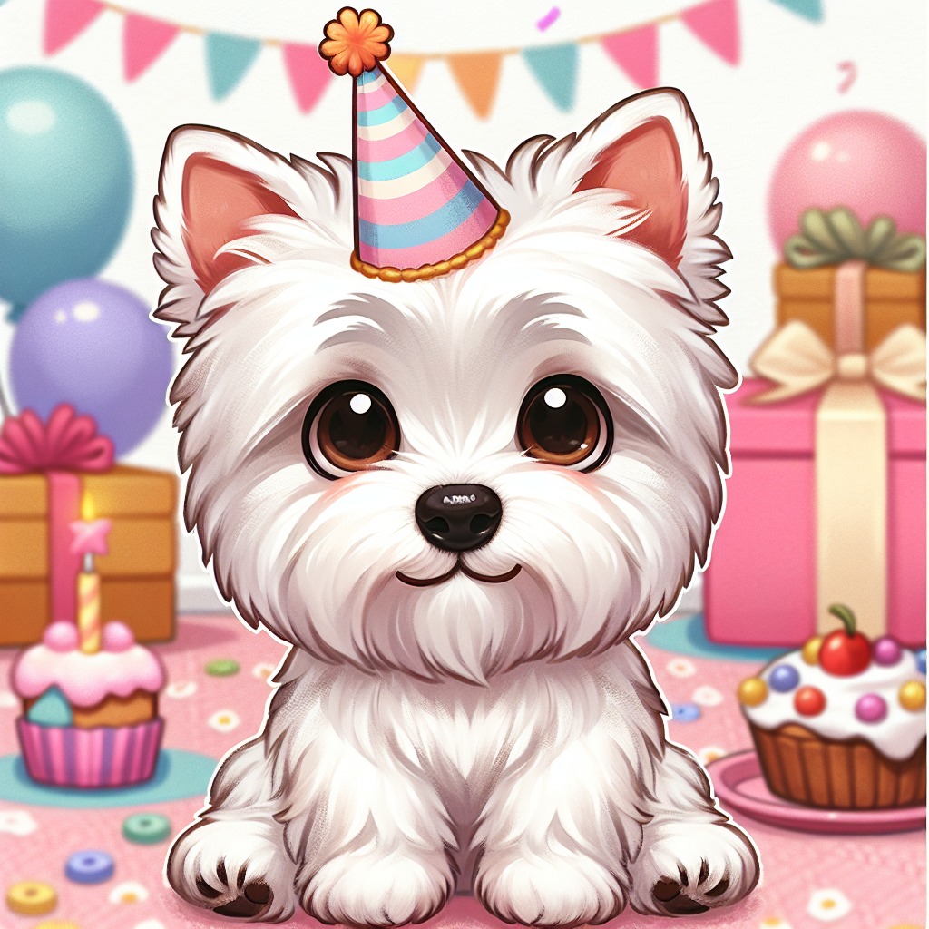 Create a charming cartoon image of a white and tan West Highland White Terrier with soulful dark brown eyes. This dog is the main focus, with its fluffy, white coat that is accented with tan spots, giving it an endearing appearance. It sits within a space adorned with pastel-colored birthday decorations, wearing a colorful party hat between its ears. The dog holds a mischievous grin, surrounded by an array of treats and gifts, indicating that it is the much-loved guest of honor at this joyous party.
.
Made with ❤️ by AI.