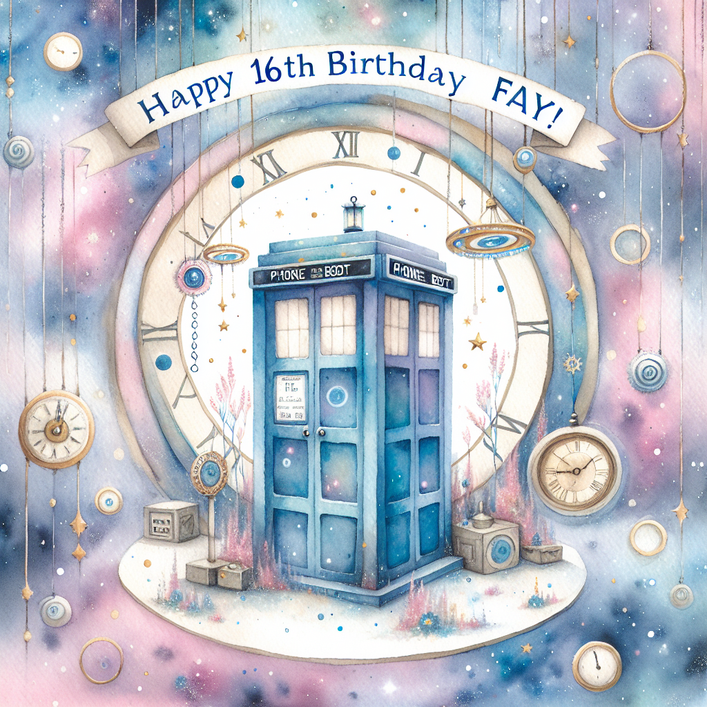 A whimsical, abstract portrayal of a Sweet 16 birthday party in a unique, fantasy-inspired setting. The backdrop is dressed in pastel galaxies and twinkling stars, framing a distinctive blue phone booth as the centerpiece. The phone booth is lent a soft watercolor treatment, imitating the charm of the legendary British Sci-fi series. The words 'Happy 16th Birthday Fay!' are suspended in the atmosphere above in a font reminiscent of a famous science fiction show, without directly referring to it. Floating around gently in the space are whimsical clocks and gears, hinting at a time-traveling narrative.
Generated with these themes: Dr Who, 16th birthday, The Tardis, and Fay.
Made with ❤️ by AI.