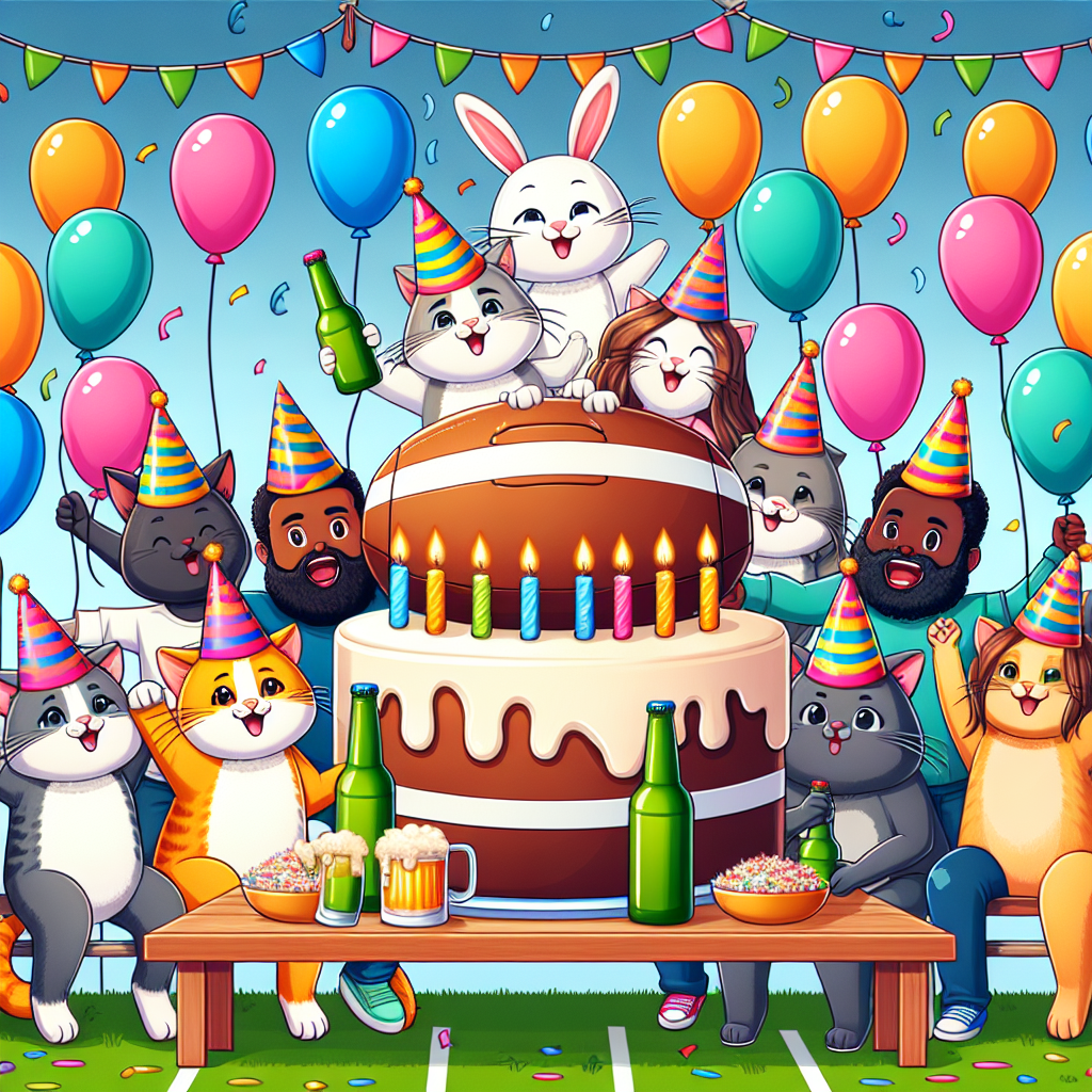 Create a cheerful and vibrant cartoon representation of a birthday party wherein cats of various descents, wearing colorful party hats, are rejoicing. In the picture, rabbits, who are also multiracial, are seen holding balloons and are part of the celebration. Friends, a diverse mix of human individuals from Caucasian, Hispanic, Black, Middle-Eastern, and South Asian descent, with both men and women represented, are happily gathered around a giant cake designed like a football. The air is alit by festivity marked with banners and confetti. Adding an intriguing twist to the scene, there are bottles of beer comfortably chilling in an adorably designed ice bucket fashioned like a football.
Generated with these themes: Cats, Football, Rabbits, Beer, and Friends.
Made with ❤️ by AI.
