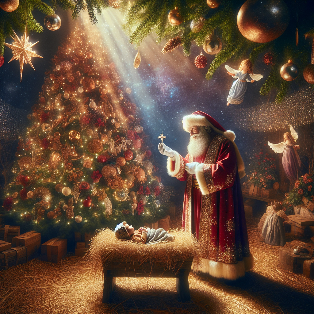 Underneath the glow of a majestic Christmas tree, Santa Claus stands, handing a small wooden toy to the infant Jesus, who rests in a hay-filled manger. Angels hover above, stringing garlands, and the air is filled with the soft chorus of carols, blending the spirit of Christmas with the nativity.
Generated with these themes: jesus and santa.
Made with ❤️ by AI.