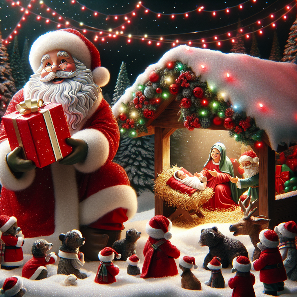 In this whimsical Christmas illustration, Santa Claus kneels beside the manger offering a bright red present to the newborn Jesus. Surrounding them are a group of woodland animals, each wearing a tiny Santa hat, gathered in reverent awe beneath a canopy of festive, twinkling lights.
Generated with these themes: jesus and santa.
Made with ❤️ by AI.