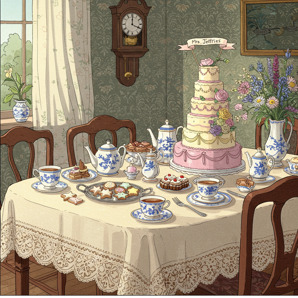 In the foreground, create a detailed and expressive hand-drawn illustration of a classic dining room table set for a celebration, inspired by the timeless charm of Norman Rockwell and the intricate line work of Arthur Rackham. The table is covered with an elegant lace tablecloth in a soft cream hue, adorned with a vintage tea set featuring delicate floral patterns reminiscent of Beatrix Potter's style.

Center the scene around a large, ornate cake with multiple tiers. The cake is decorated with intricate piping and cascading sugar flowers in shades of pastel pink, lavender, and buttercream yellow. Resting on top is a small, elegant banner with the text "Mrs. Jeffries" written in a graceful, cursive font.

On the table, include a silver platter filled with assorted cookies, some shaped like stars and others like delicate hearts, echoing the whimsical nature of Maurice Sendak's illustrations. Scatter a few antique teacups and saucers, each with a unique hand-painted design of blue and white, paying homage to the style of Quentin Blake with a hint of Maxfield Parrish's vibrant palette.

In the background, illustrate a wallpapered wall featuring a muted botanical pattern, influenced by the intricate detailing of Aubrey Beardsley. A window with sheer curtains partially drawn lets in a gentle stream of light, casting soft, dappled shadows on the wooden floorboards below.

Include a small vase of wildflowers on the table, their colors a mix of periwinkle blues, soft pinks, and lush greens, echoing the naturalistic elements seen in the works of N.C. Wyeth. Hanging on the wall, place an old clock with Roman numerals, its hands frozen at a moment, capturing the stillness and attention to detail reminiscent of Edward Gorey's work.

This scene, rich in detail and aesthetic charm, should create a visually compelling and heartfelt thank-you greeting card cover.
Generated with these themes: aesthetic.
Made with ❤️ by AI.