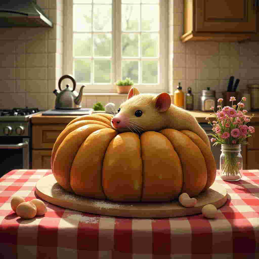 In this whimsical Valentine's Day scene, we find ourselves in a cozy, warmly lit kitchen where the atmosphere is an amusing blend of everyday culinary chaos and unexpected romance. The centerpiece is a charmingly surreal tableau on a rustic wooden table. Here, a Golden Mole, depicted with its glossy, iridescent fur that catches the soft light in shimmering hues of gold and bronze, is endearingly wrapped around a gigantic Yorkshire pudding. The Yorkshire pudding is exaggerated in size, perfectly puffed and golden-brown, with a crisp, crater-like surface that makes it look almost like a fluffy, edible crater. The mole's tiny, pink, velvety snout peeks out lovingly from the pudgy folds of the pudding as if it has found the warmest, most comforting spot in the world.

Around them, the kitchen setting is detailed with elements that tell a story. A checked red and white tablecloth covers the table, and a small bouquet of wildflowers, haphazardly arranged in a mason jar, suggests a spontaneous gesture of love. Nearby, a few eggshells and flour dust hint at the recent creation of the Yorkshire pudding, adding a touch of realism to the otherwise fantastical scene. In the background, a kettle whistles cheerfully on the stovetop, and the sunlight streams through a nearby window, casting playful patterns on the walls. This quirky mix of elements creates a delightful Valentine's Day card cover that humorously celebrates unexpected companionship.
Generated with these themes: A Golden mole hugging a Yorkshire pudding.
Made with ❤️ by AI.
