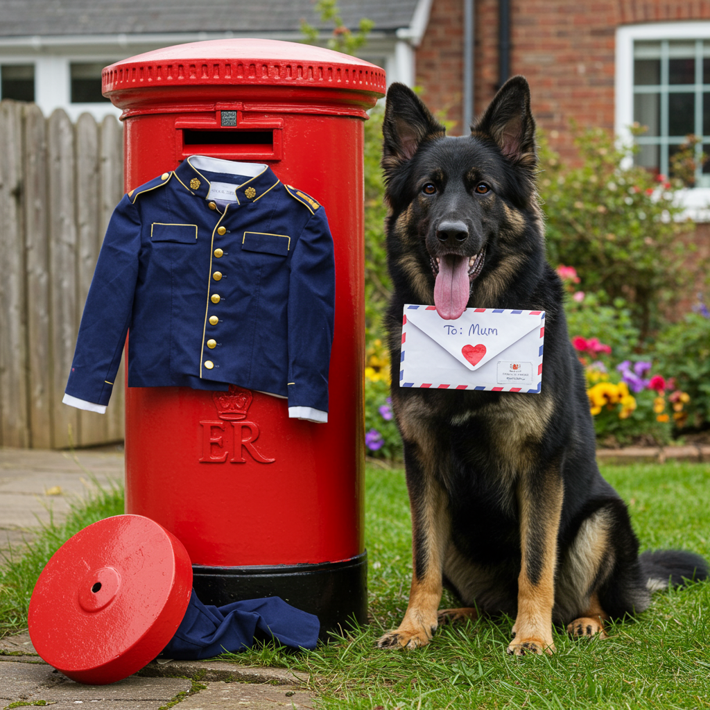 At the top of the realistic photograph image, *"Happy Mother’s Day, Granny—The Postman’s Still Recovering!"*

A realistic, humorous photograph featuring a Black and Tan German Shepherd sitting triumphantly in front of a bright red British-style post box. The post box’s letter slot is slightly askew, with tufts of the postman’s uniform peeking out (suggesting a comical tug-of-war has just occurred). Around the dog's neck is a drool-covered “To: Mum” envelope, slightly crumpled but clearly intact. The Shepherd has an exaggeratedly smug expression, tongue lolling, as if it just defended the house from a dangerous letter. The setting is a suburban front garden with a springtime feel—flowers blooming and a tipped-over mailbox lid on the grass for extra comic effect.
Generated with these themes: Black and Tan German Shepherd and a post box.
Made with ❤️ by AI.