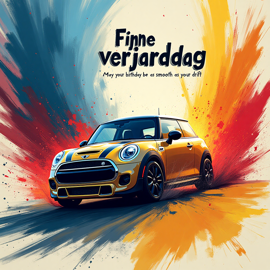 At the top of the Abstract Style image, the words "Fijne verjaardag" dance across the canvas.

Imagine a swirling vortex of vibrant colors and bold, geometric shapes. The scene is alive with energy, as a stylized Mini Cooper S drifts gracefully through a whirlwind of abstract forms. The car's wheels seem to merge with the dynamic brush-stroke textures, leaving behind trails of luminous paint in shades of electric blue, fiery red, and vibrant yellow. 

In the midst of this visual symphony, a cheeky caption weaves itself into the composition: "May your birthday be as smooth as your drift!" The juxtaposition of the sleek car and the chaotic abstract background creates a sense of humor and whimsy, capturing the spirit of a birthday celebration in motion.
Generated with these themes: Cars, Drifting, Mini cooper s, and .
Made with ❤️ by AI.